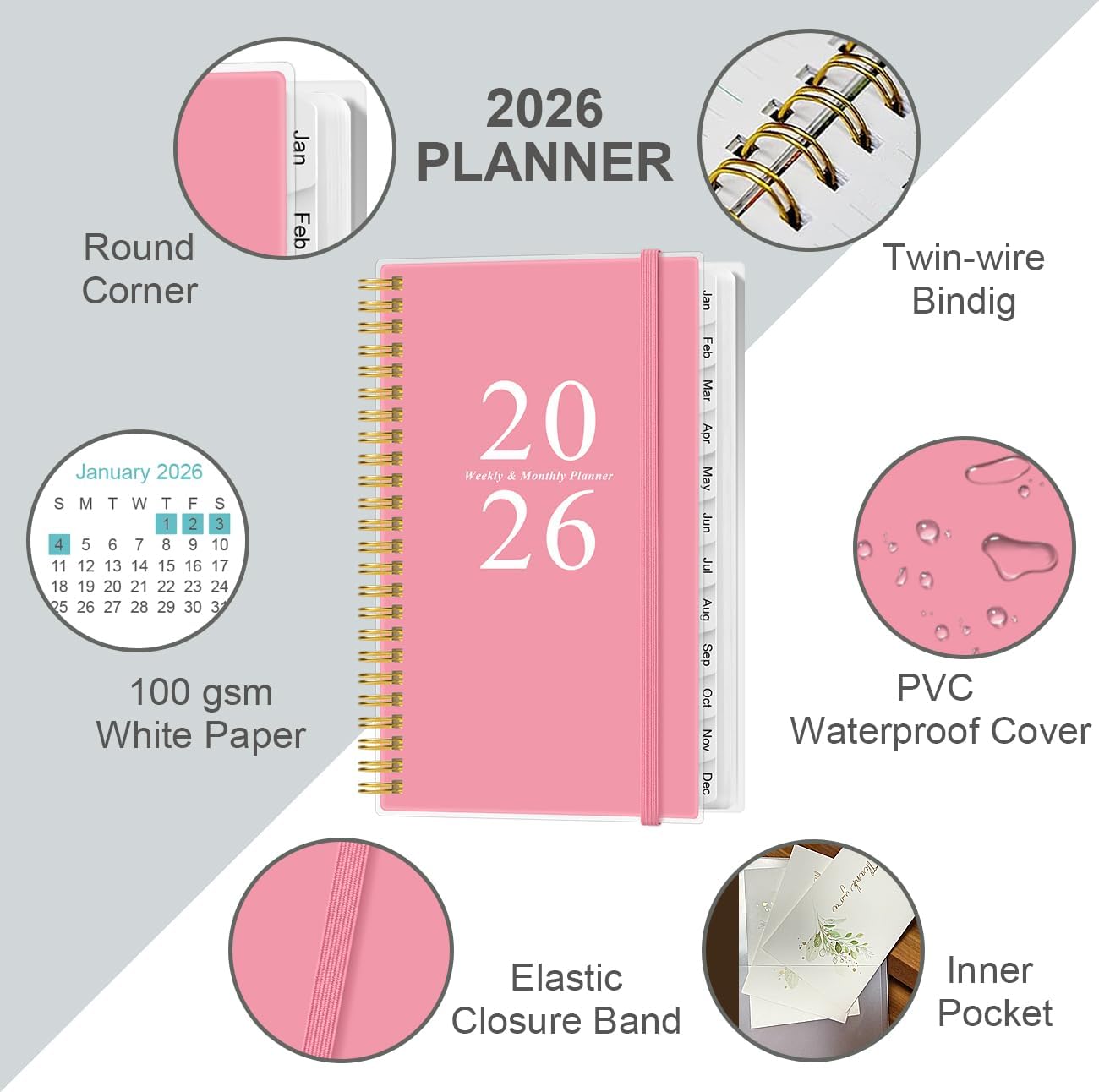 2026 Pocket Planner/Calendar - 2026 Planner from January 2026 - December 2026, Planner 2026 with 12 Tabs, Twin-Wire Binding, Inner Pocket, 3.75" x 6.75", Pink