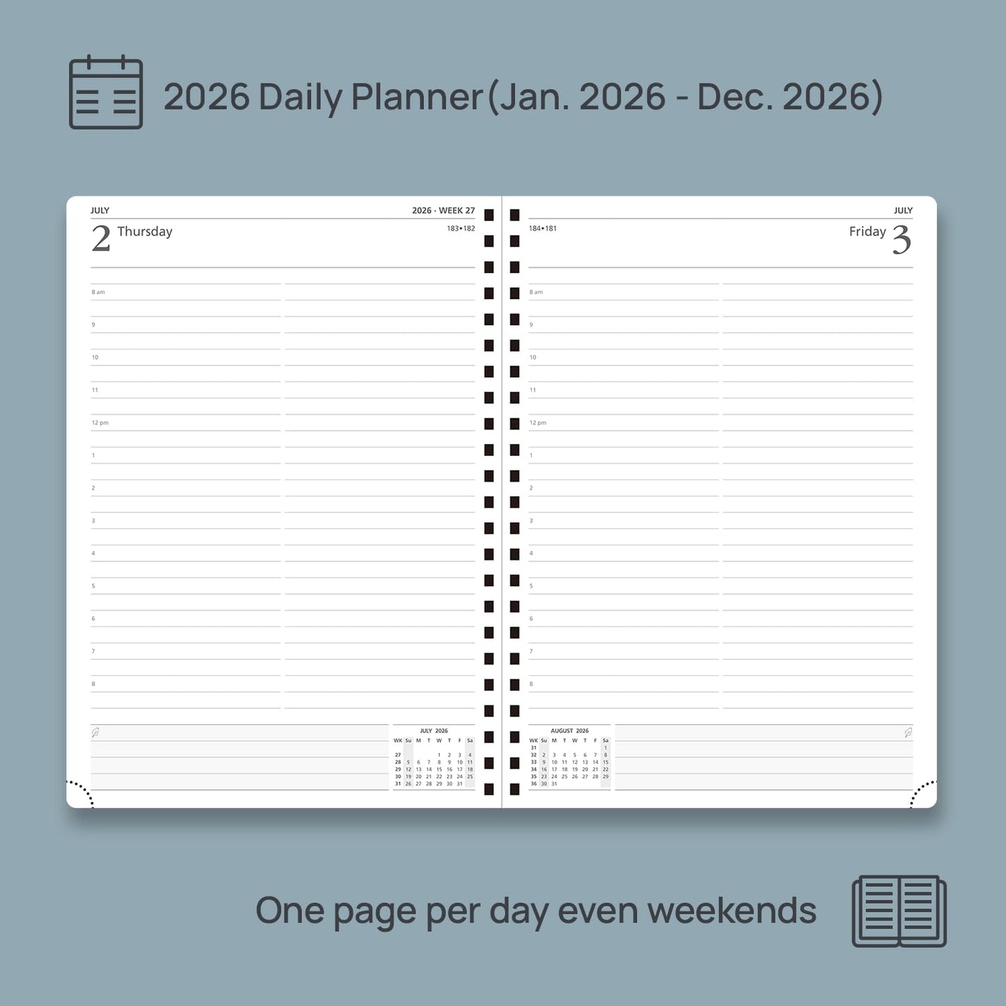 POPRUN 2026 Daily Planner One Page A Day - [A4 Large Size 8.25" x 12" -Spiral Hard Cover], Agenda 2026 Hourly Appointment Book with Monthly Calendar, Pen Holder, Ivory Paper -Midnight Green