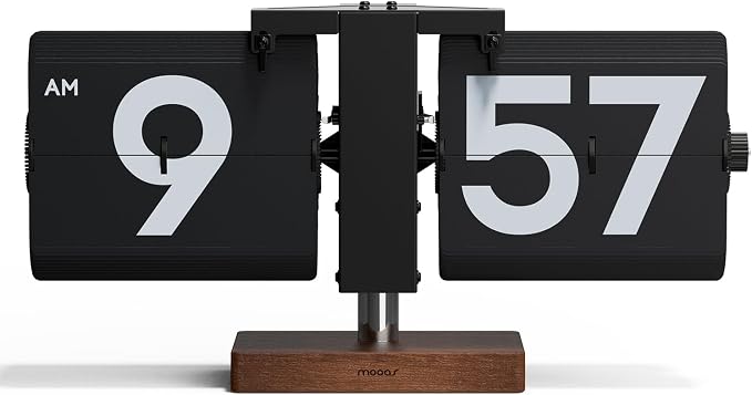 mooas Classic Modern Wood Big Flip Desk Clock, Retro Vintage Analog Design Auto by mooas