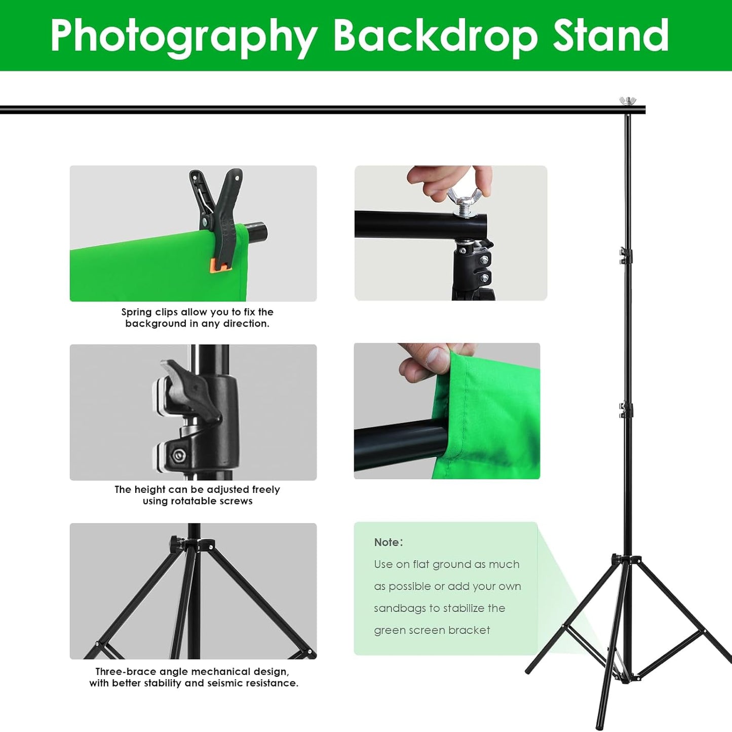 Green Screen Backdrop Kit, 6.5 x 10 Ft Portable Greenscreen Background with Stand, 5 Clamps & Carrying Bag for Photography, Streaming, Zoom, Gaming, YouTube