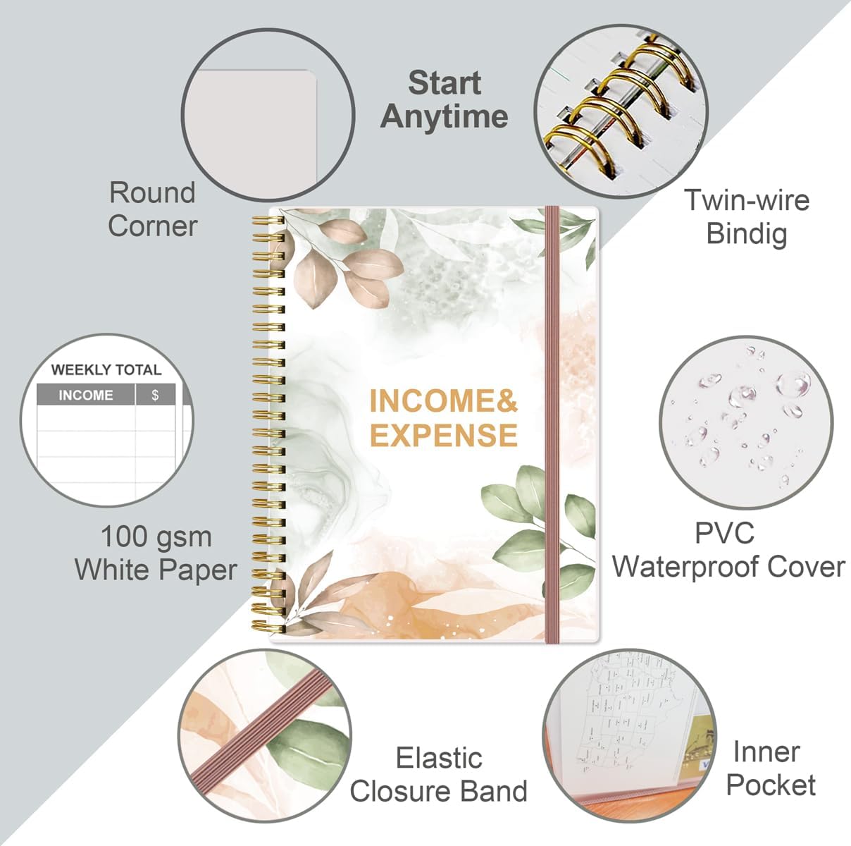 Heveboik Income & Expense Log Book - A4 Income and Expense Tracker for Small Business, Accounting Bookkeeping Tracking for Woman and Man, 8" x 10.5", Rose Leaf