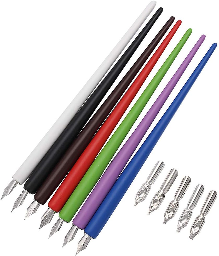 Professional Manga Gothic Pen Dip Pen Calligraphy Drawing Pen Kit, 7 Pen Holders Handles, 12 Nibs (7 Fountain Pen Nib, 5 Flat Nib) - 7 Pcs A