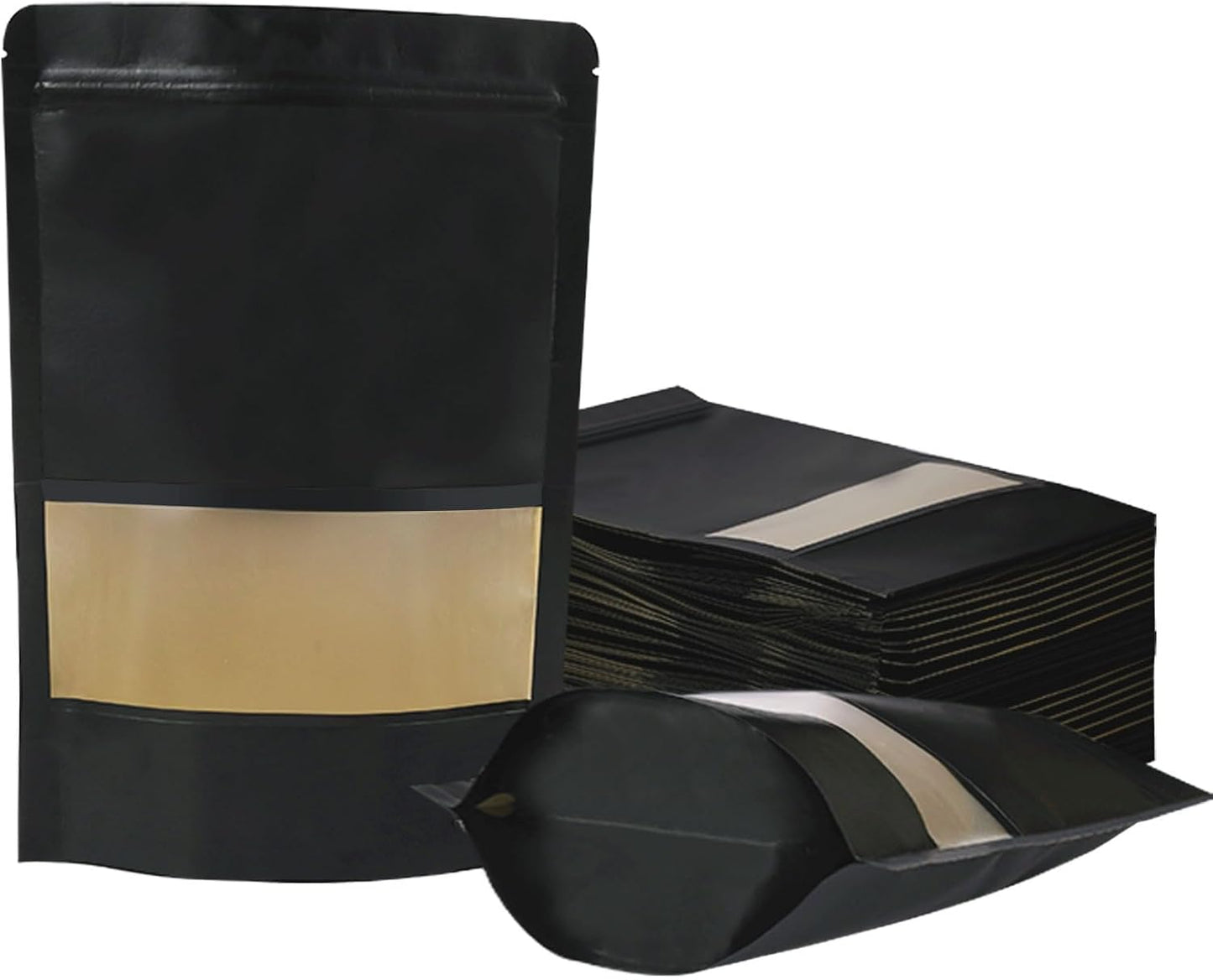 100 PCS Resealable Kraft Paper Bags with Matte Window, Zipper Lock Food Storage Bags - 7.08 * 10.23 Inches, Reusable, Black