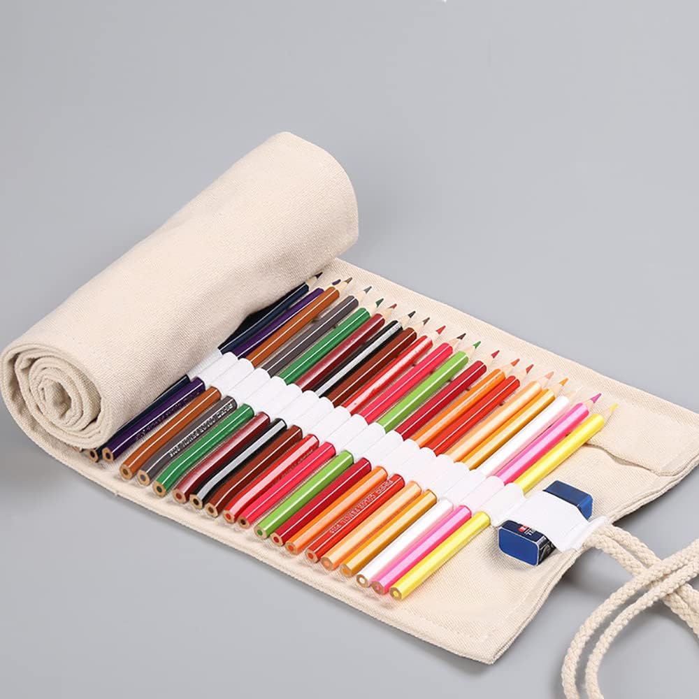 DIYOMR 24/36/72 Slots Pencil Wrap Pencil Rolls, Artist Colored Pencils Roll Up Bag Short Brushes Pouch Case Pencils Organizer for Drawing Coloring and Sketching (White, 72slots)