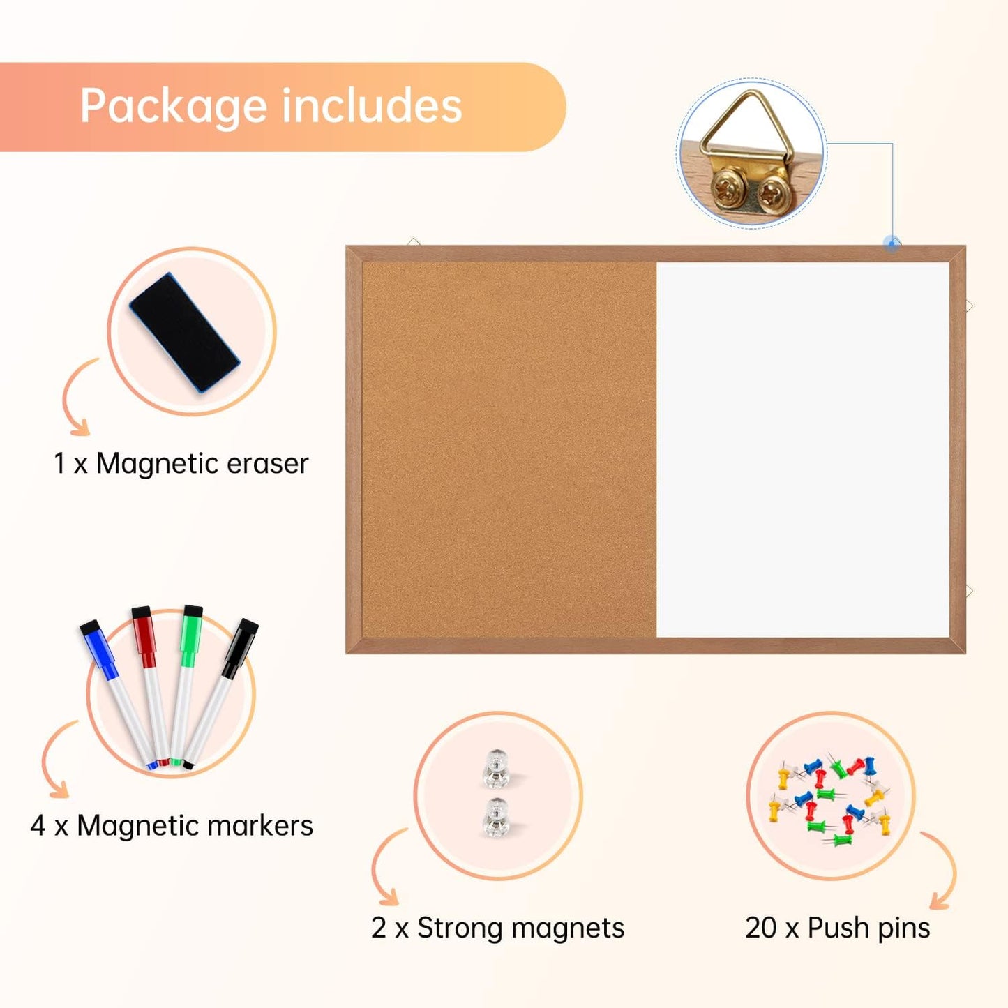 Combination Magnetic Whiteboard Cork Bulletin Board, 36x24 Inches Combo Dry Erase White Board Cork Pin Board for Wall with Natural Wood Frame…
