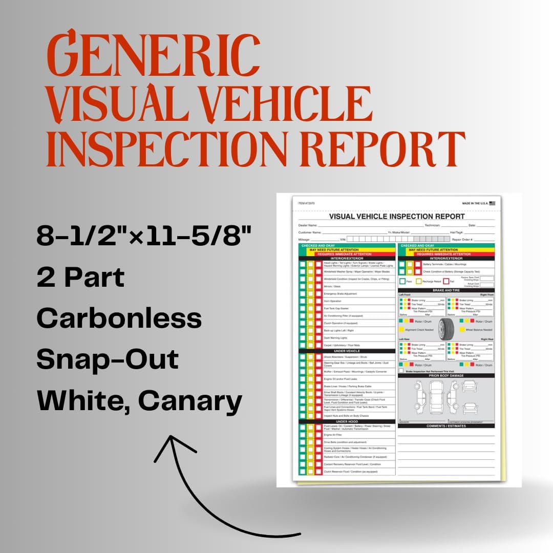 Visual Vehicle Inspection Report – 2-Part Carbonless Vehicle Checklist, Snap-Out Auto Service Forms, Fleet Maintenance Logs, Car Checkup Sheets - White & Canary 8.5"×11" - Pack of 750