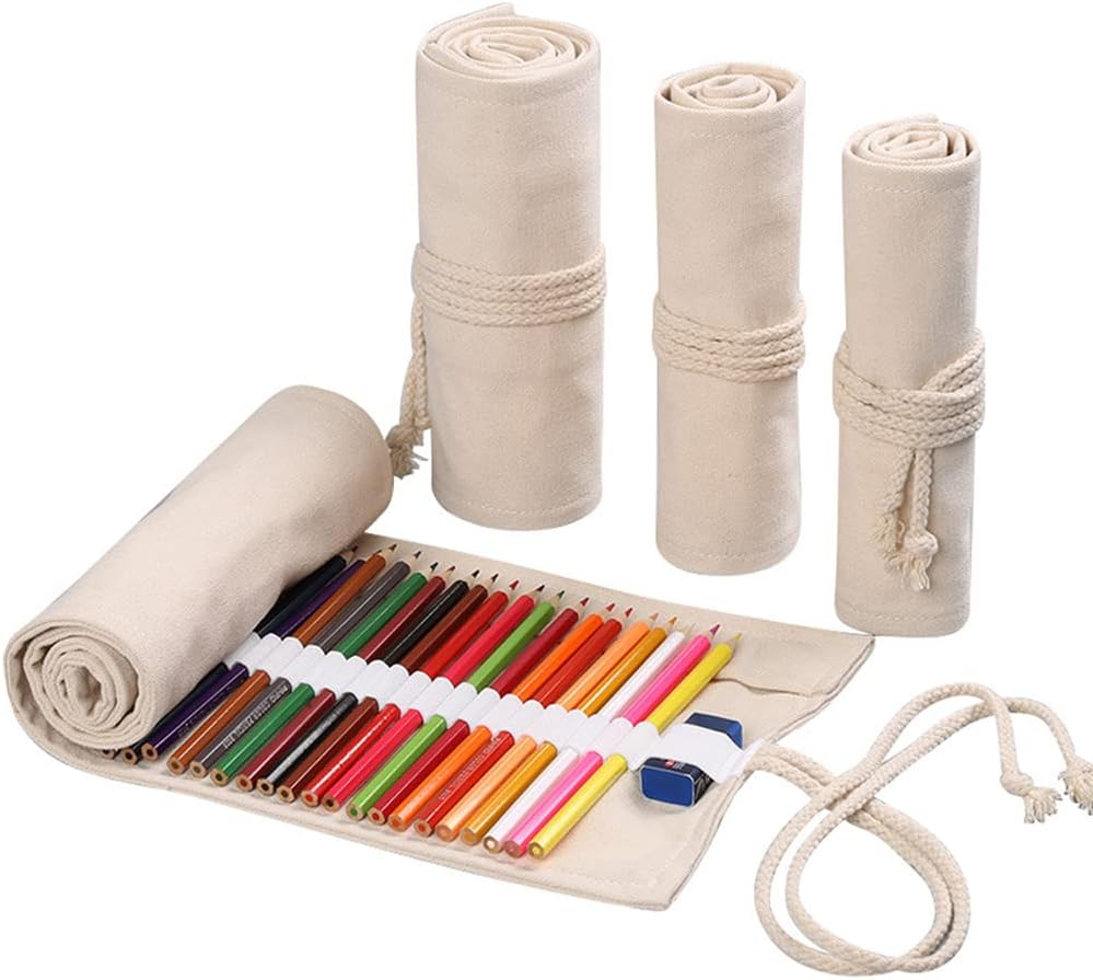 DIYOMR 24/36/72 Slots Pencil Wrap Pencil Rolls, Artist Colored Pencils Roll Up Bag Short Brushes Pouch Case Pencils Organizer for Drawing Coloring and Sketching (White, 24slots)