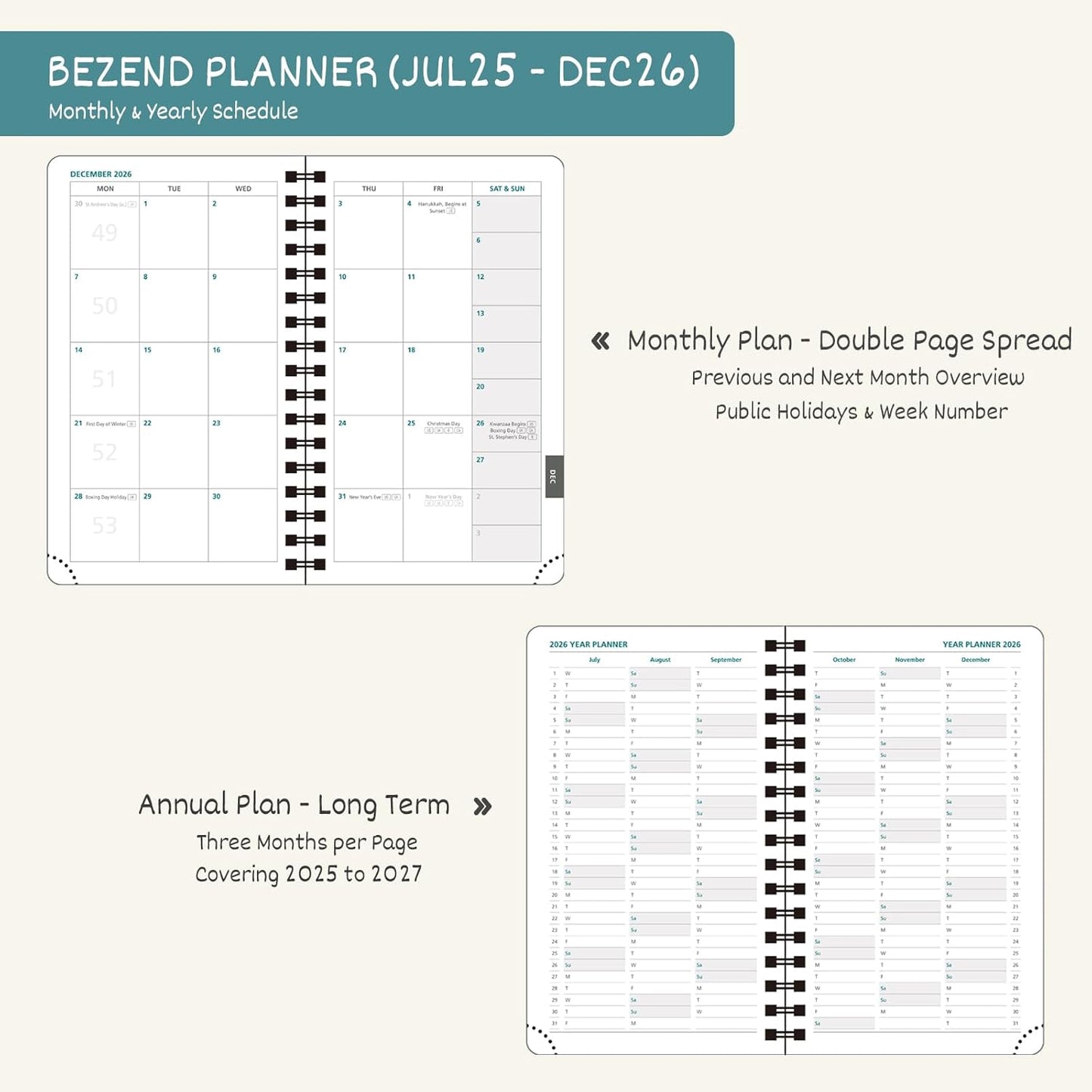 BEZEND Pocket Planner 2025-2026 Weekly and Monthly, 3.5" x 6" Academic Planner (Jul 25-Dec 26) 18-Month Mid-Year Calendar Book, Storage Pocket, Pen Holder, PU Leather Softcover, Spiral - Orange
