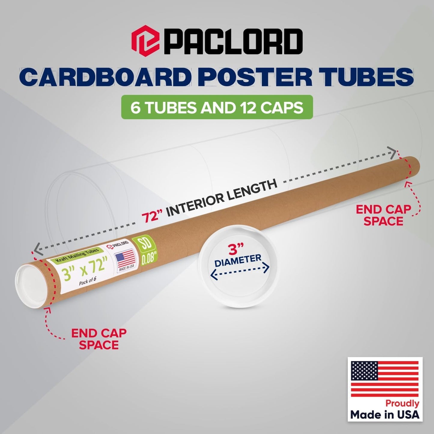 3" x 72" Reinforced Kraft Paper Mailing Tube, Pack of 6 Tubes with 12 Caps – Secure USPS Approved Poster Tube – Cardboard Tube for Shipping and Storing Posters, Prints, Artwork, or Documents