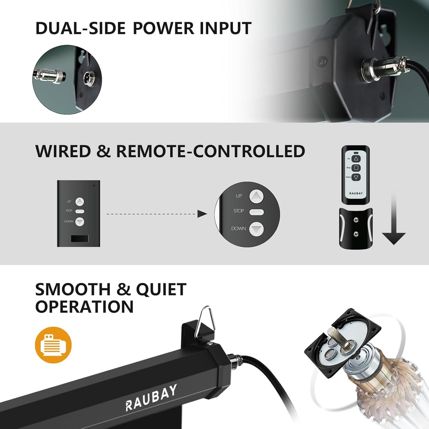 RAUBAY Motorized Pull Down Black Screen Backdrop - 78.7" x 86.6" Collapsible Wall-Mount Background for Professional Video Production, Photography Studio, Video Conferencing and YouTube, TikTok Creator