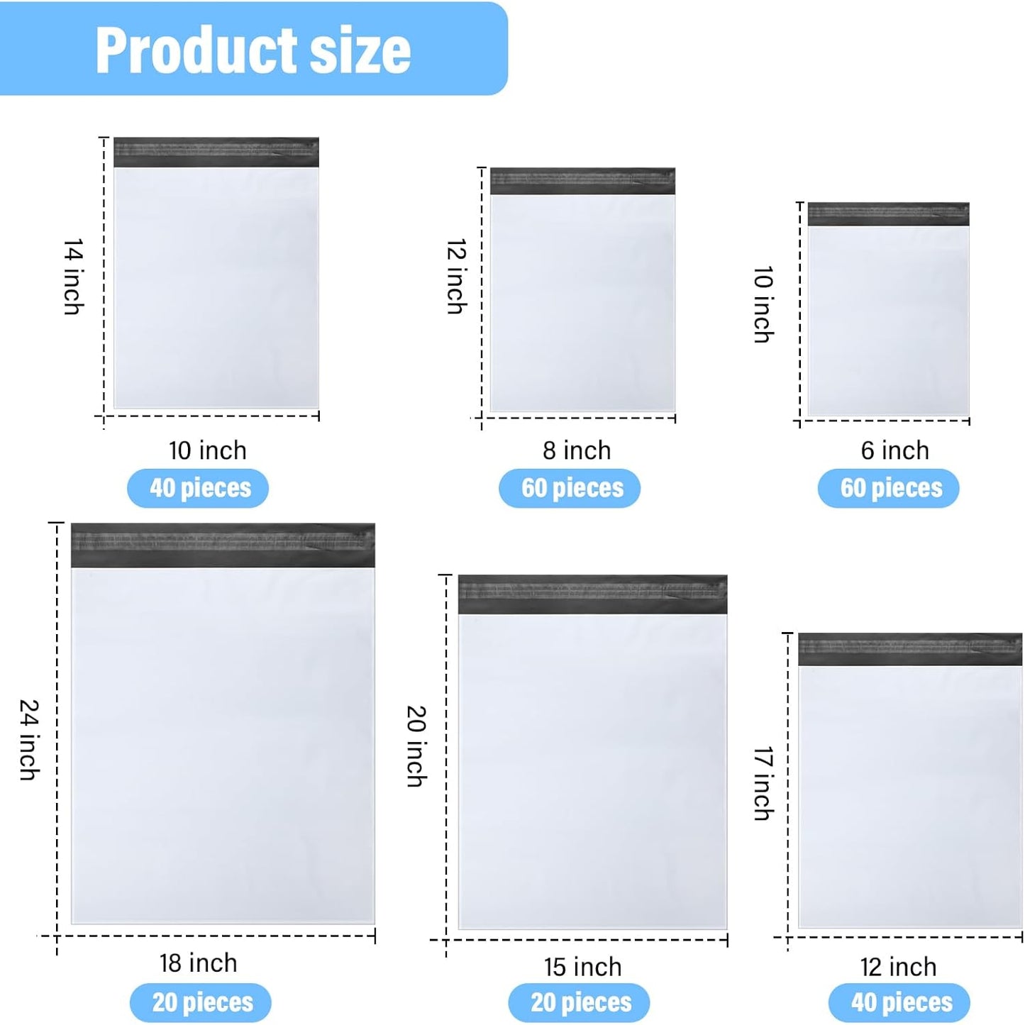 Outus 240 Pcs Poly Mailers Variety Pack Mailing Shipping Bags 6 Assorted Sizes Shipping Envelopes Self Adhesive Waterproof and Tear Proof Packaging Bags for Clothing Books Gift (White)