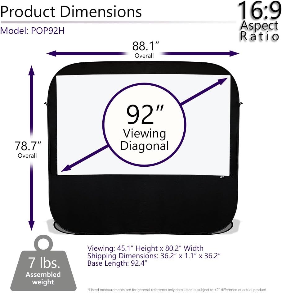 Elite Screens, Pop-Up Cinema 92-inch 16:9, SilkWhite 1.1 Gain, Portable Outdoor, Fast Folding Projector Screen, US Based Company 2-Year Warranty
