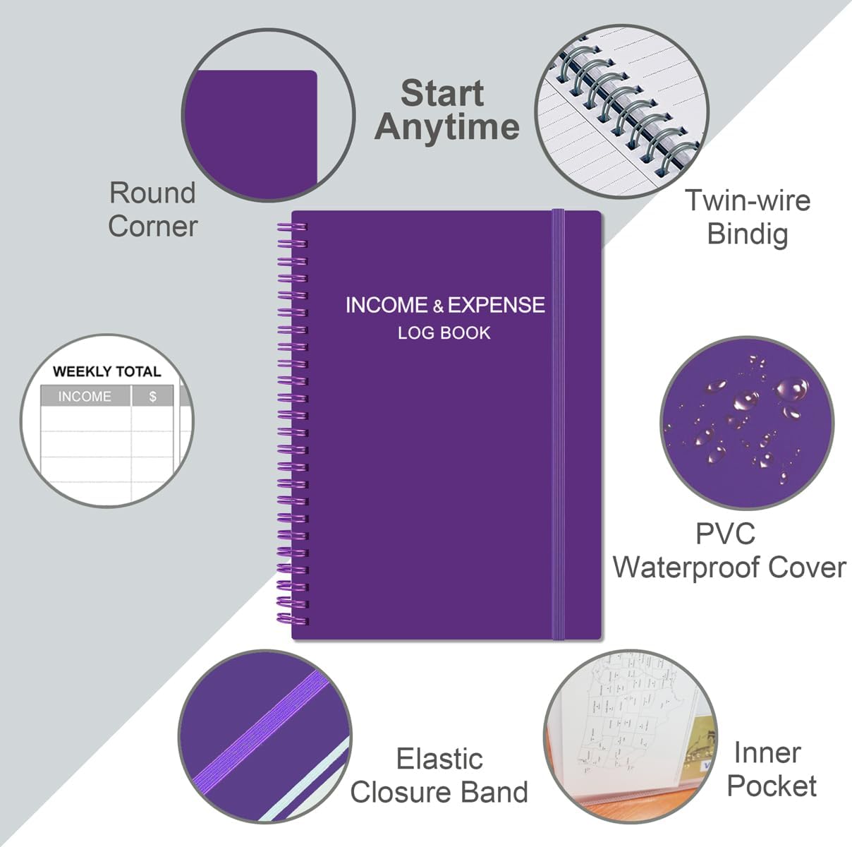 Heveboik Income & Expense Log Book - A5 Income and Expense Tracker for Small Business, Accounting Bookkeeping Tracking for Woman and Man, 5.8" x 8.3", Purple
