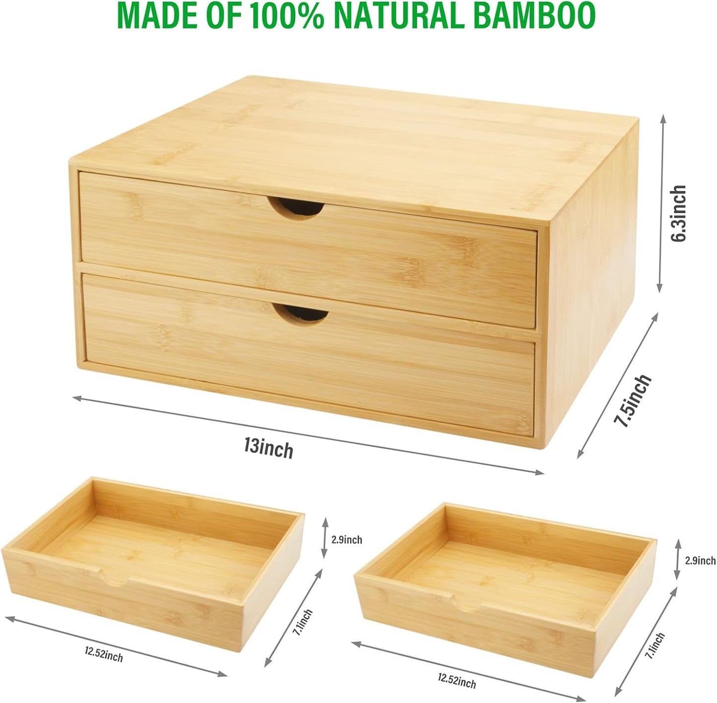 Bamboo Desk Organizer with Drawers, Countertop Organizer with Drawers Makeup Storage Drawer 2 Drawers Tabletop Storage Organization Box Home Office Workspace Bathroom Toiletries Supplies