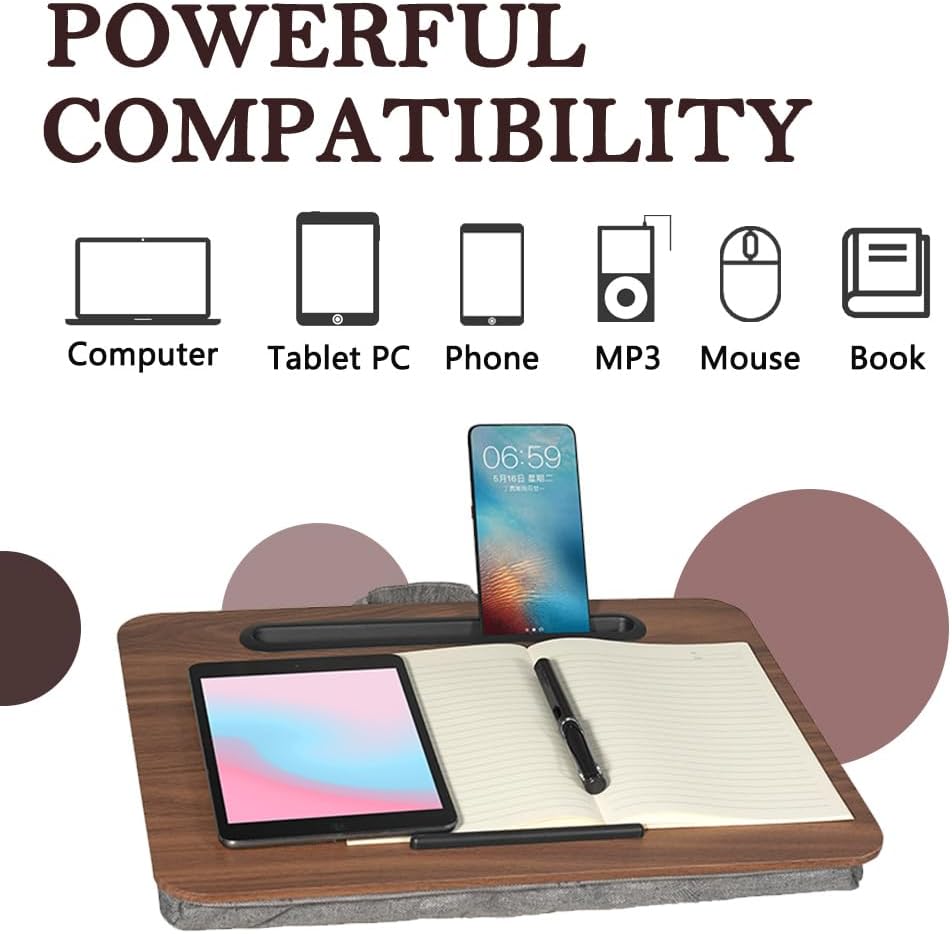 Portable Laptop Desk Fits Up to 16“ Laptops, with Tablet Slot, Built-in Cushion, Great for Home & Office,Lap Desk for Laptop,Lap Desk with Cushion (Brown, Medium)