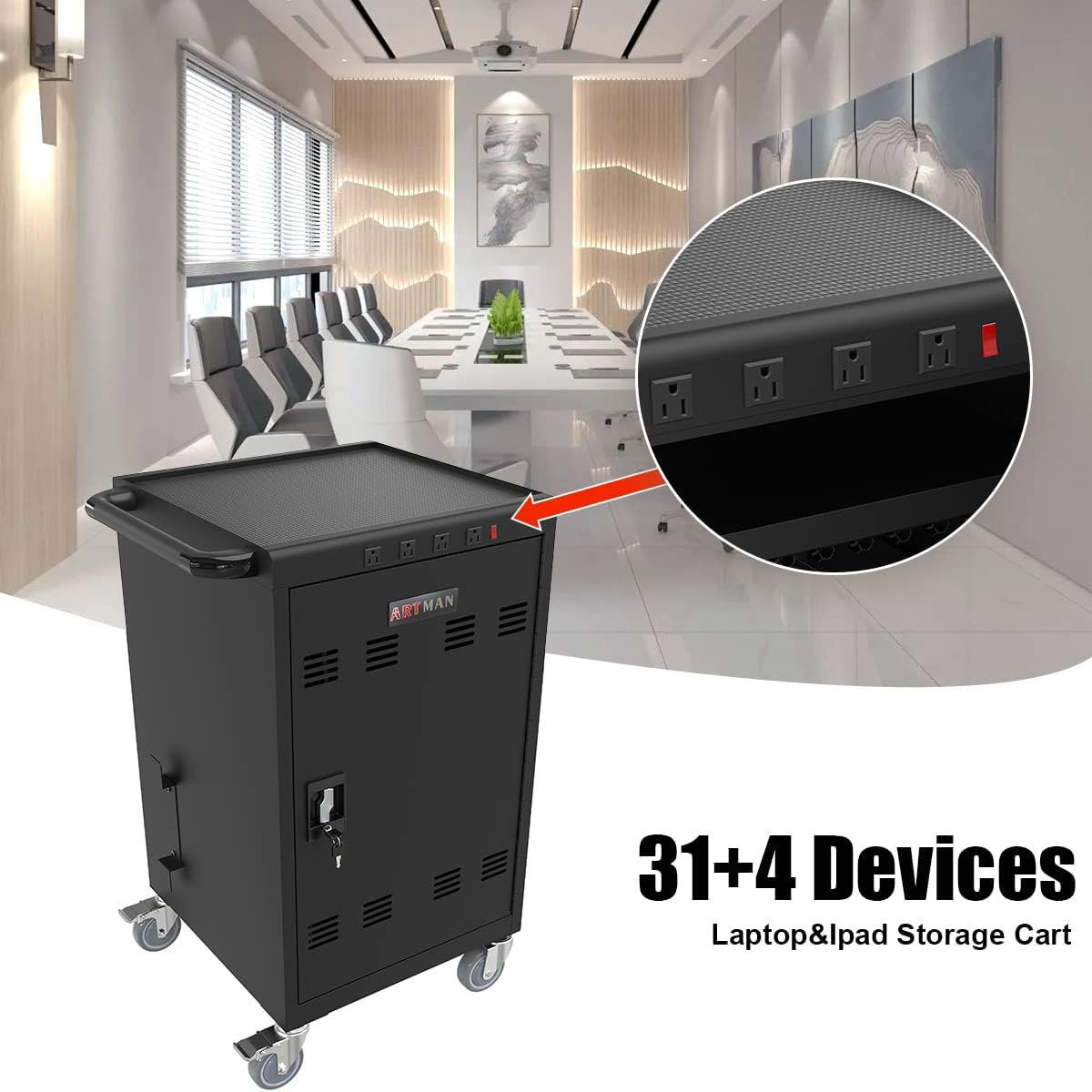 36 Device Charging Cart for Laptops and Tablets Up to 16.3-inch, Mobile Charging Station with AC Outlets, Secure Storage and Cable Management, Mobile Charging Cabinet for Ipads, Chromebooks, Black