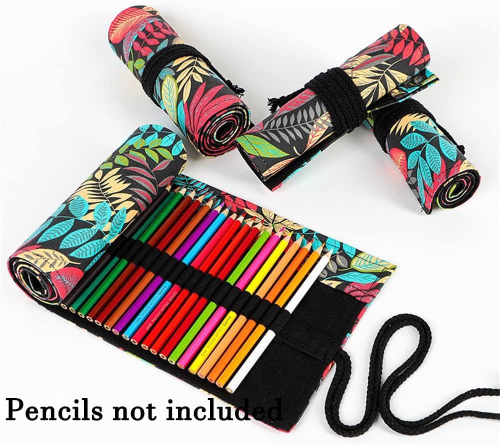DIYOMR 24/36/72 Slots Pencil Wrap Pencil Rolls, Artist Colored Pencils Roll Up Bag Short Brushes Pouch Case Pencils Organizer for Drawing Coloring and Sketching (Colorful Leaves, 24slots)
