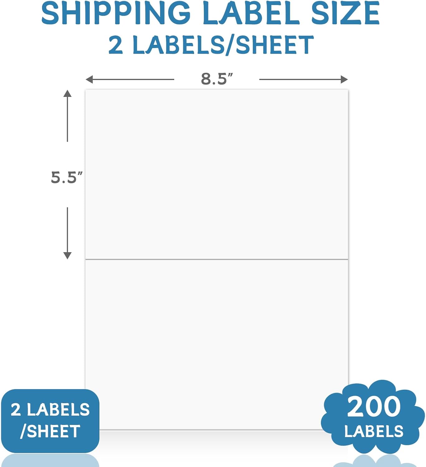 8.5” x 5.5” Half Sheet Shipping Labels, Label Sticker for Laser&Inkjet Printers, White Half Page Label Stickers, 2 Labels per Sheet, 8.5” x 11” Adhesive Half Page Labels, 200 Labels.