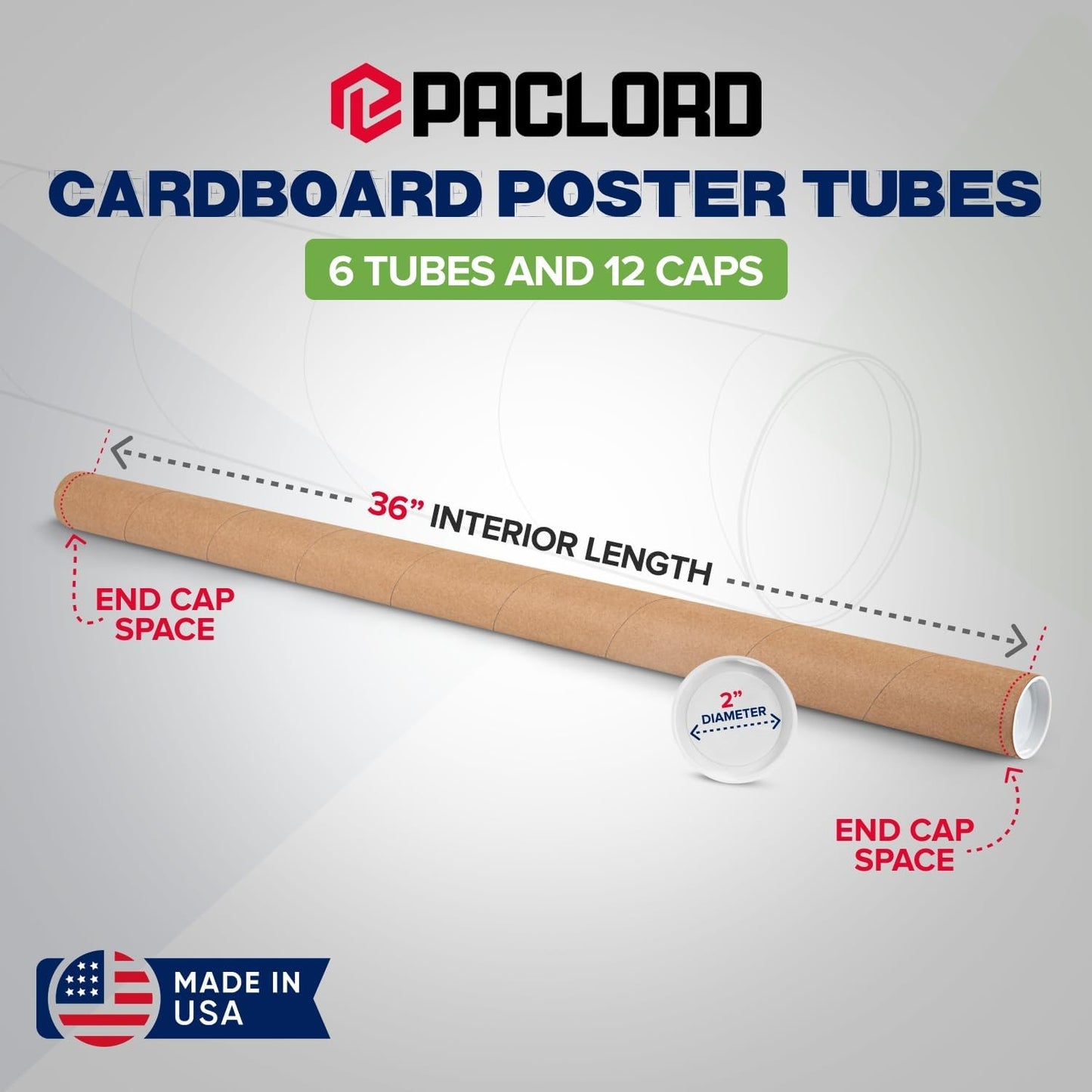 2" x 36" Reinforced Kraft Paper Mailing Tubes, Pack of 6 Tubes with 2 Caps Each – USPS Approved Poster Tube – Made in USA Cardboard Tube for Shipping and Storing Posters, Prints, Artwork, or Documents