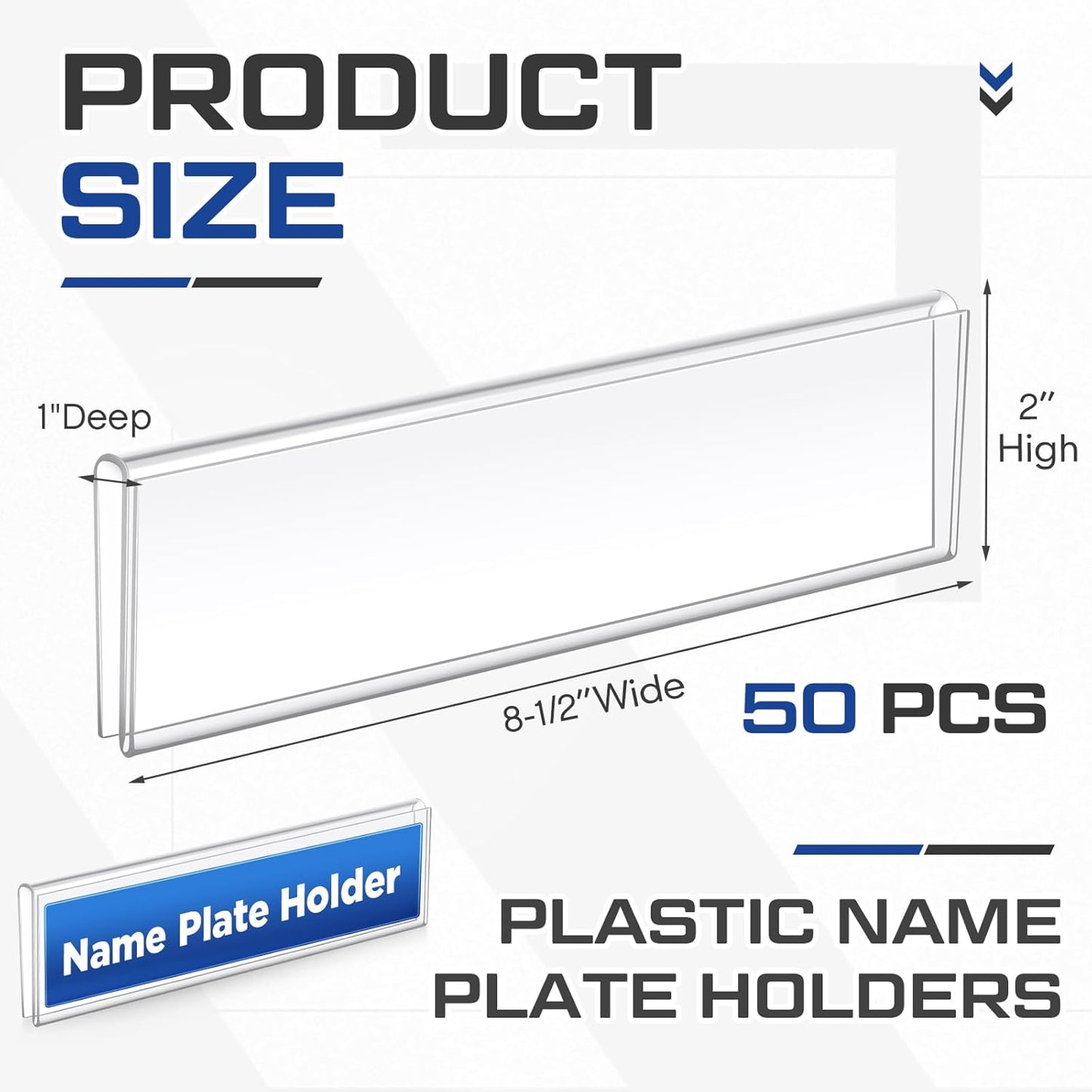 50 Pack Plastic Cubicle Name Plate Holder 8.5" Wide x 2" High Glass Wall Name Plate Holder Clear Acrylic Sign Display Stand for Home Office Business (Suitable for 1/4" Cubicle Wall)