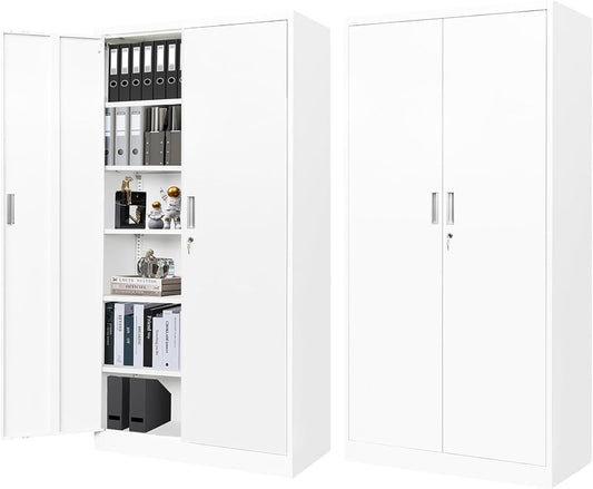 BESFUR Metal Cabinet with 5 Adjustable Shelves and 2 Doors, Locking Storage Cabinet for Garage, Classroom and Office -White