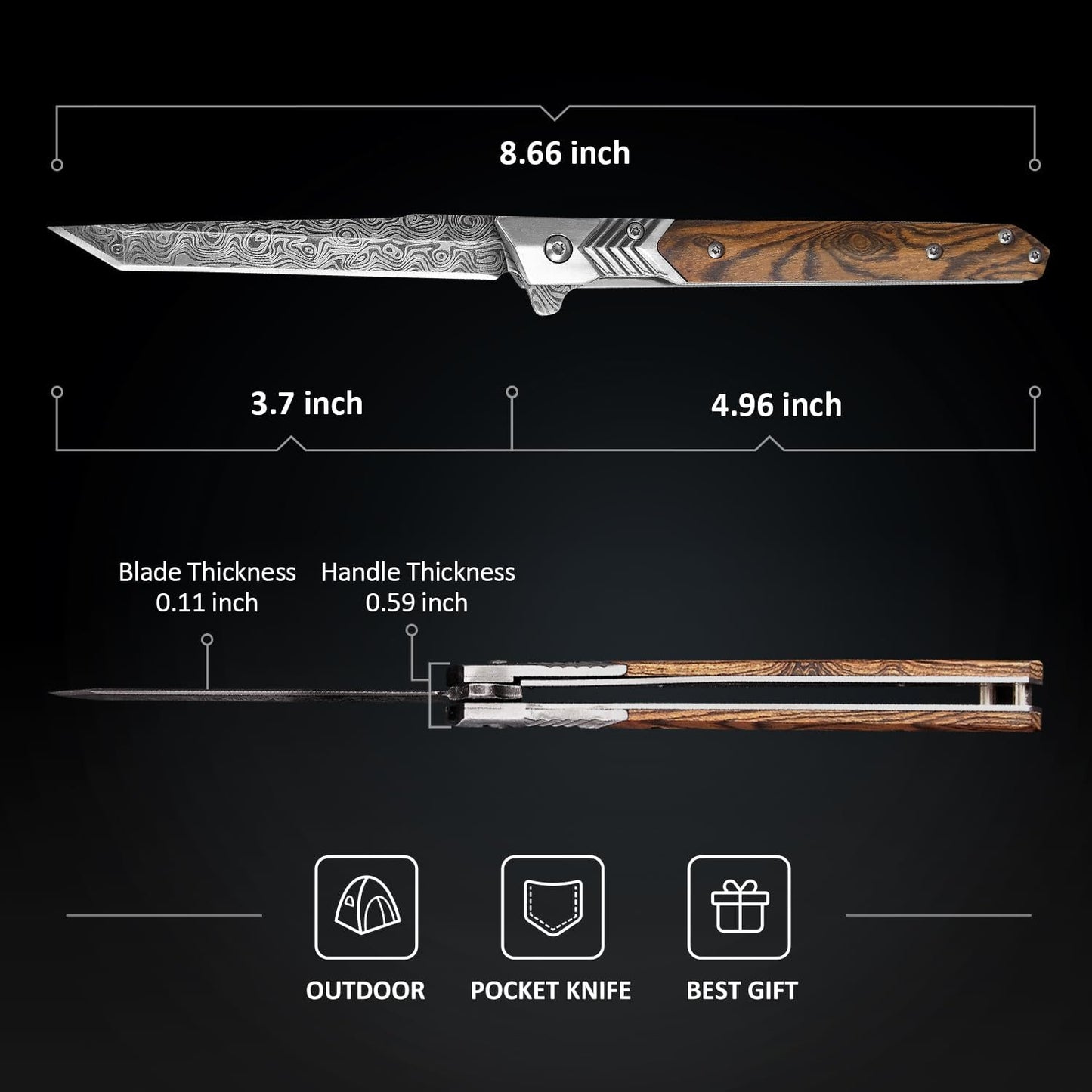 EDC Pocket Knife for Men, 3.7 inch Slim Folding Knife with Tanto Blade and Liner Lock, Unique Gentleman's Gift, Thin Cool Knives for Outdoor Camping, Pocket Sheath for Keychain Everyday Carry