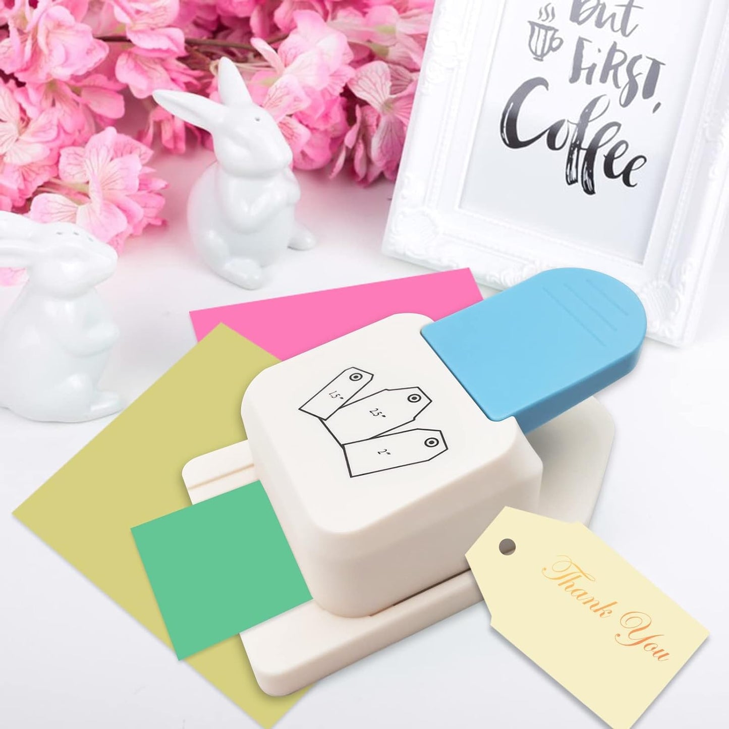 3 in 1 Craft Tag Punch Gift Tag Paper Punch，Paper Craft Tag Punch 1.5" 2" 2.5" with 1 Roll Hemp Rope 32.8 Feet Square Shape Small Hole Punch for Paper Crafting Scrapbooking Cards DIY Arts Crafts