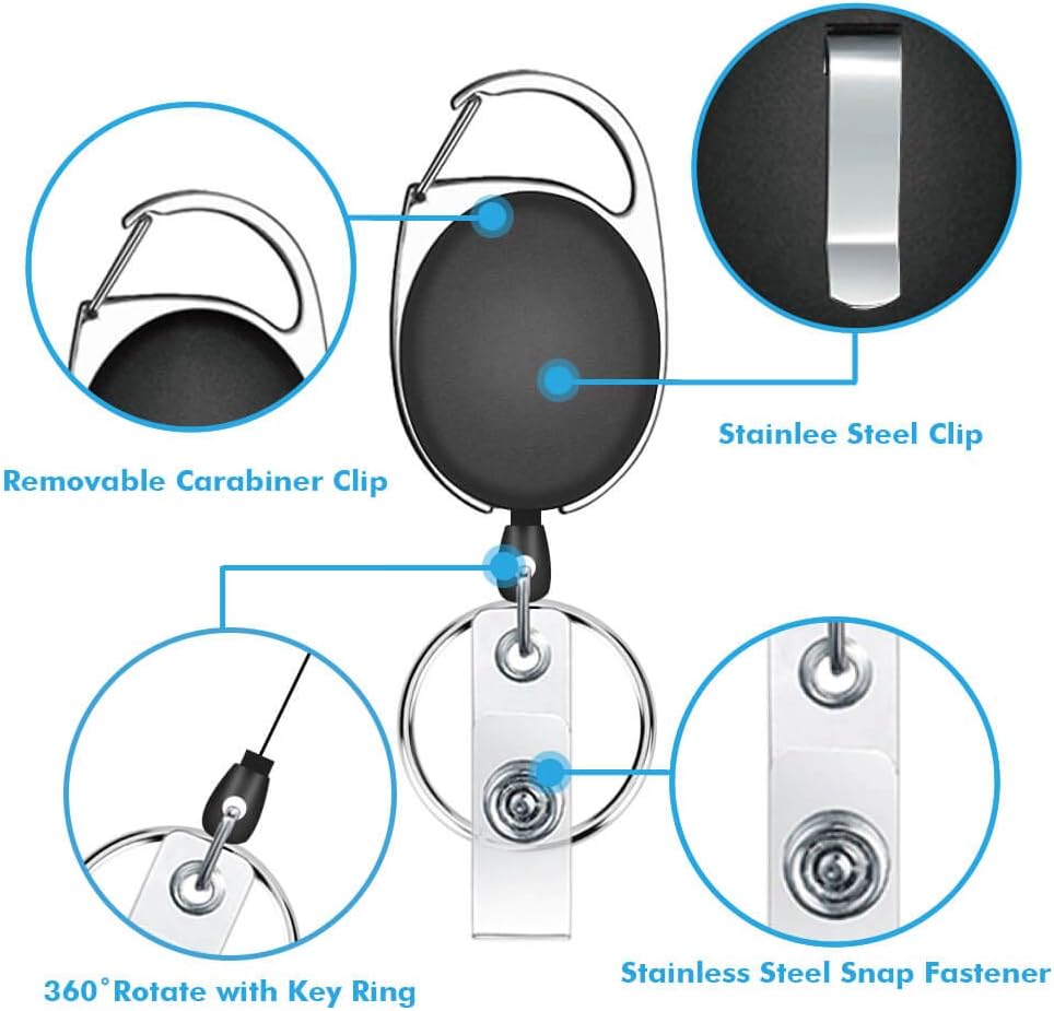 12 Pcs Badge Reels Retractable Bulk ID Badge Holders Lanyards with Carabiner Reel Clip for Keys, Retractable Key Chains for Key Name Card Holder