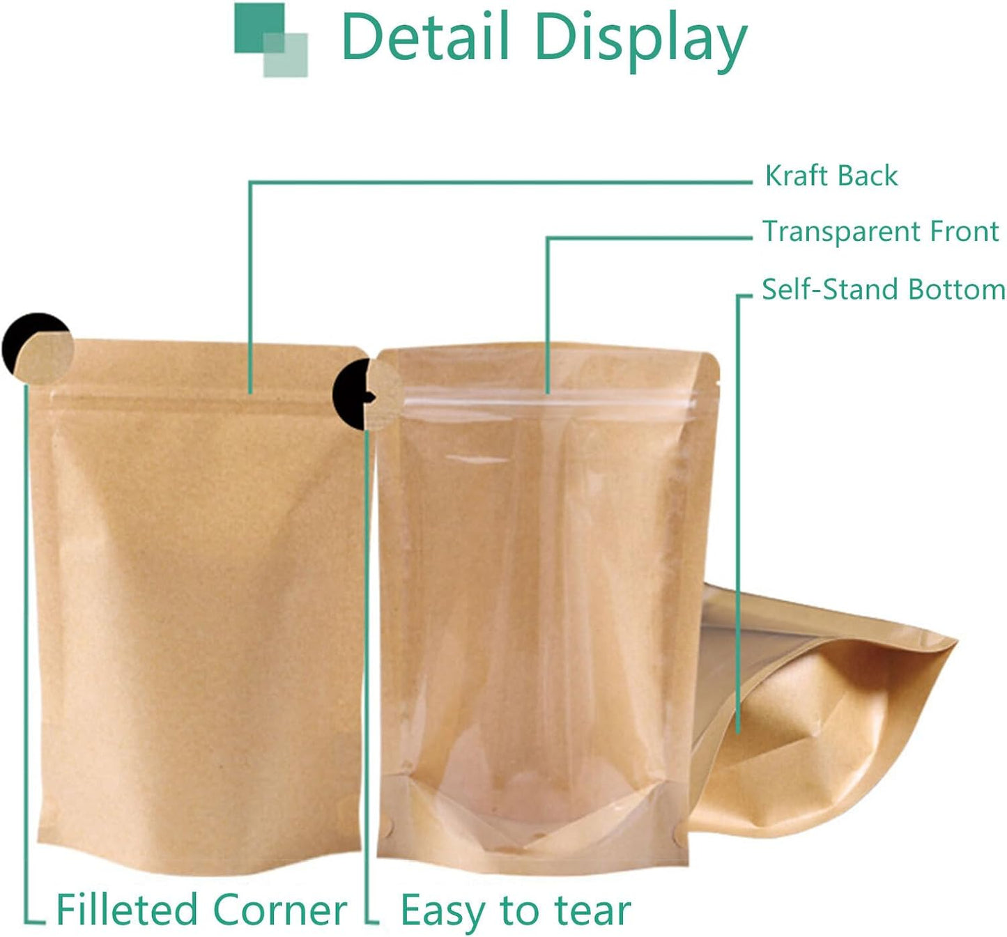 50pcs Kraft Bags With Window Clear Fornt Pouches Resealable Stand Up Zip Lock Food Storage Bags Brown 10"x14"