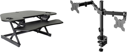 Rocelco 46" Height Adjustable Corner Standing Desk Converter with Dual Monitor Arm Bundle - Quick Sit Stand Up Computer Workstation Riser - Extra Large Keyboard Tray - Black (R CADRB-46-DM2)