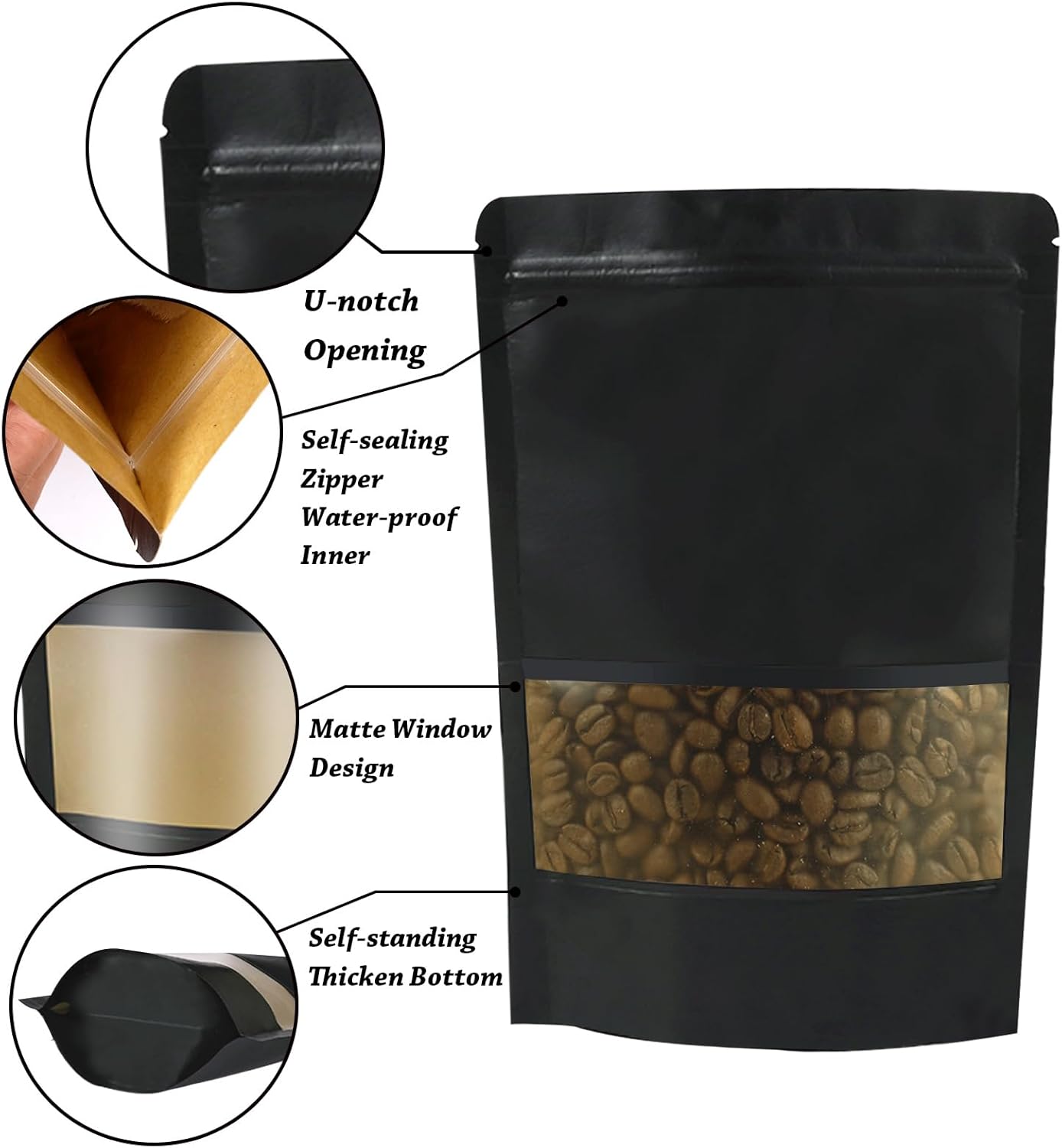 100 PCS Resealable Bags, Stand Up Kraft Paper Bags with Matte Window, Zipper Lock Food Storage Bags for Small Business and Home, 5.51 * 8.66 Inch Reusable Sealable Bags for Packaging -Black