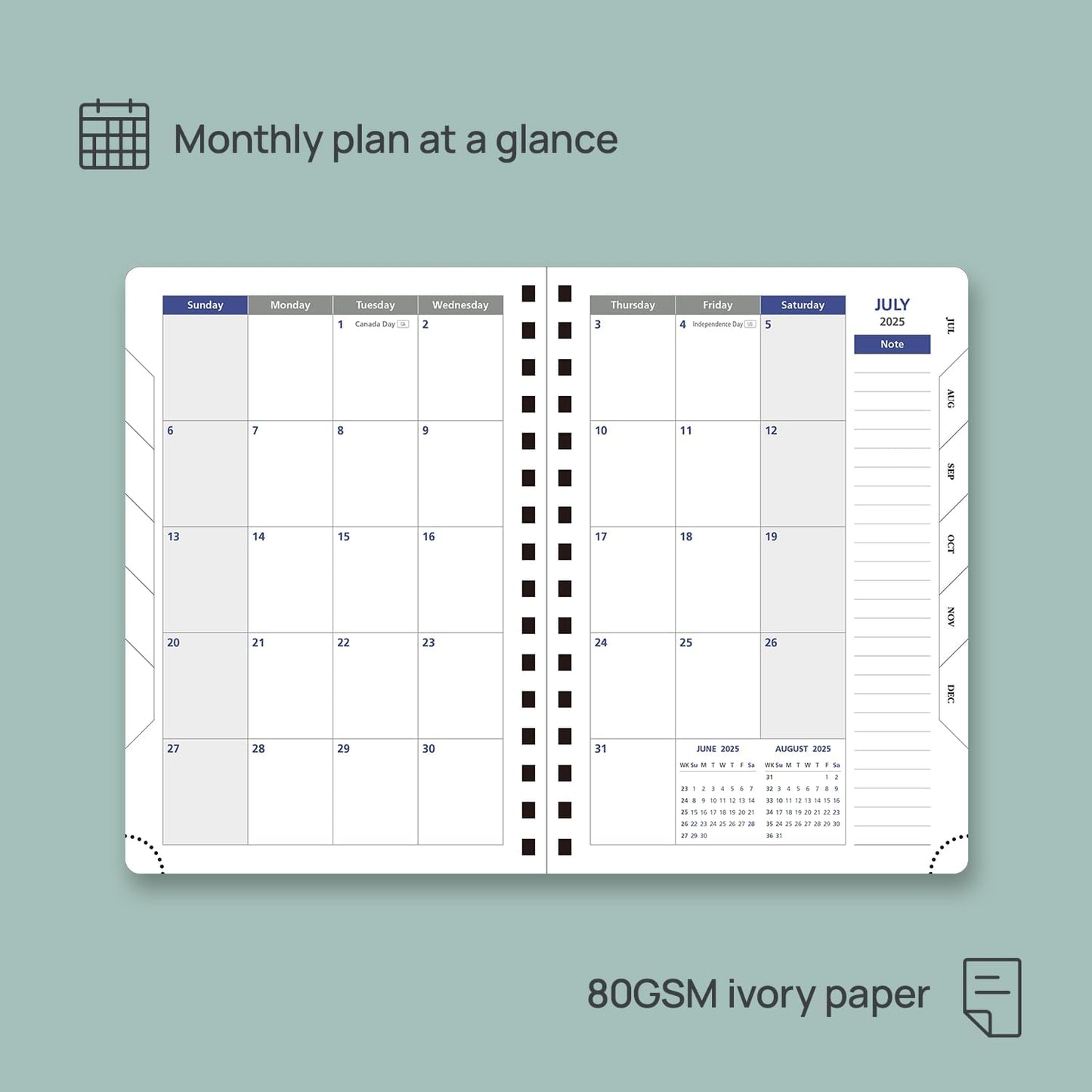 POPRUN Daily Planner 2025-2026 One Page per Day (6'' x 8.5'') with Spiral Bound Leather Soft Cover, Academic Year Appointment Book (Jul.2025 - Jun.2026) with Hourly Slots, Inner Pocket- Pacific Green