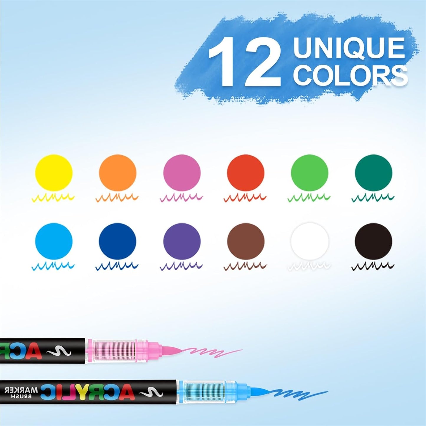 Guangna Acrylic Paint Markers Brush Tip, 12 Vivid Colors with Direct-Liquid Ink System, Professional-Grade Paint Pen for Rock Painting, Canvas, Glass, Plastic, Fabric & Creative Crafts