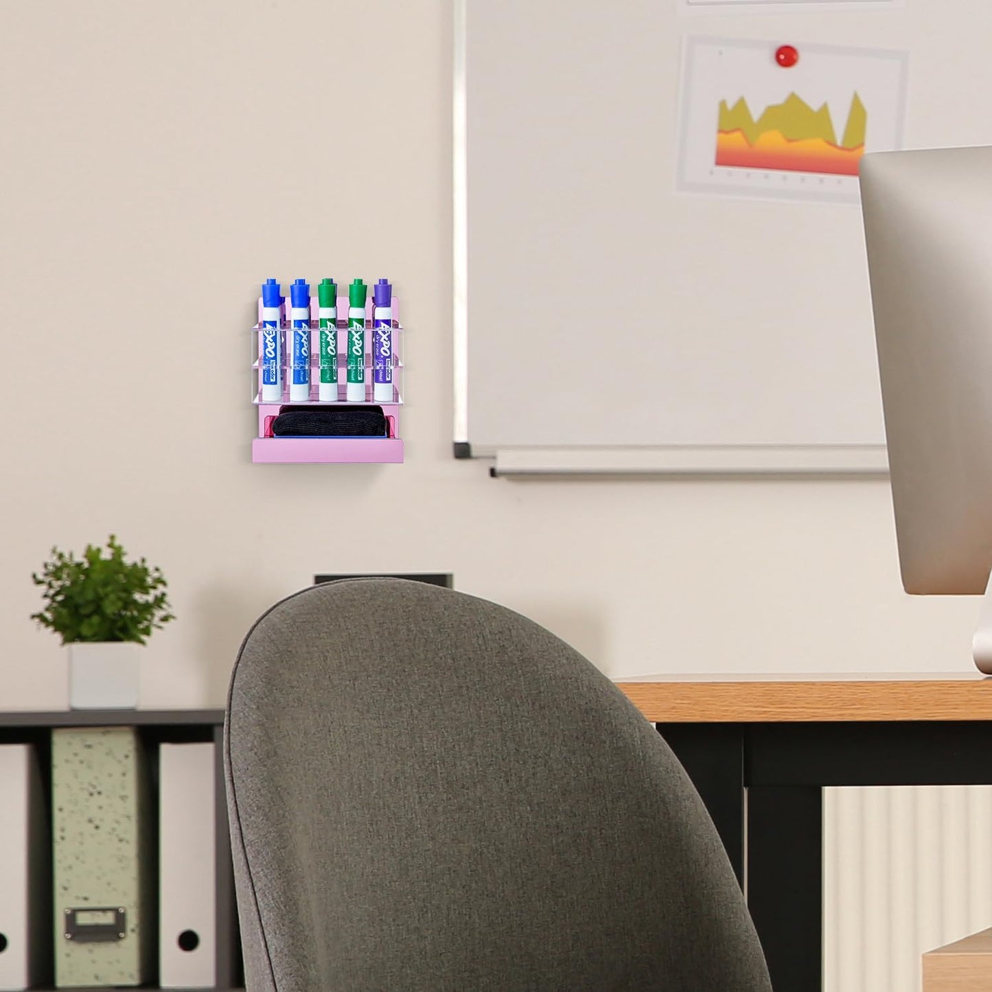 MyGift Dry Erase Marker Holder 10 Slots Whiteboard Marker Holder For Wall Dry Erase Eraser Holder Wall Mount Rose Pink