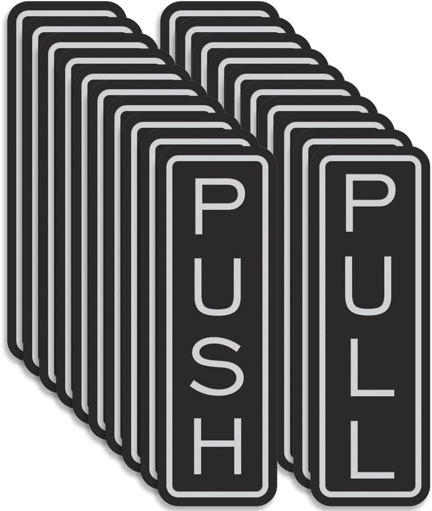 All Quality Classic Vertical Push Pull Door Signs - Great for Glass Doors | Professional Looking Signs | Easy Installation Includes Double-Sided Foam Adhesive Tape (Black/Silver) - Small (10 Pack)
