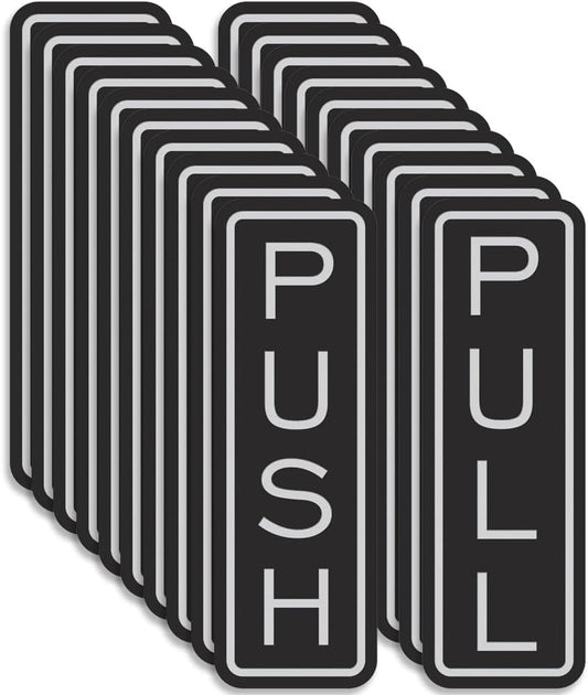 All Quality Classic Vertical Push Pull Door Signs - Great for Glass Doors | Professional Looking Signs | Easy Installation Includes Double-Sided Foam Adhesive Tape (Black/Silver) - Medium (10 Pack)