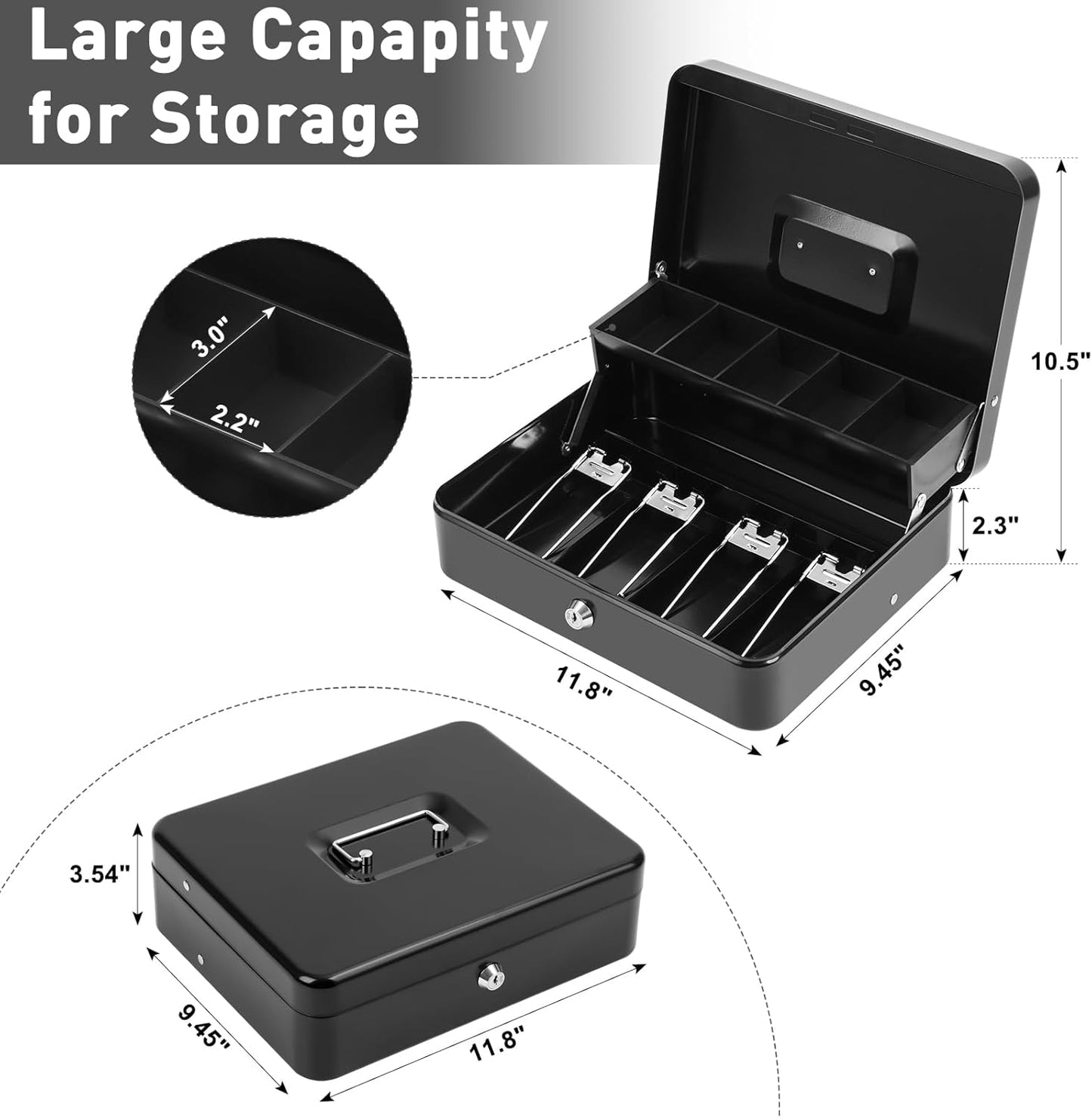 KYODOLED Locking Cash/Money Saving Organizer Box with Lock Safe with Key and Cash Tray, Black, 11.81Lx 9.45Wx 3.54H inches, XL Large