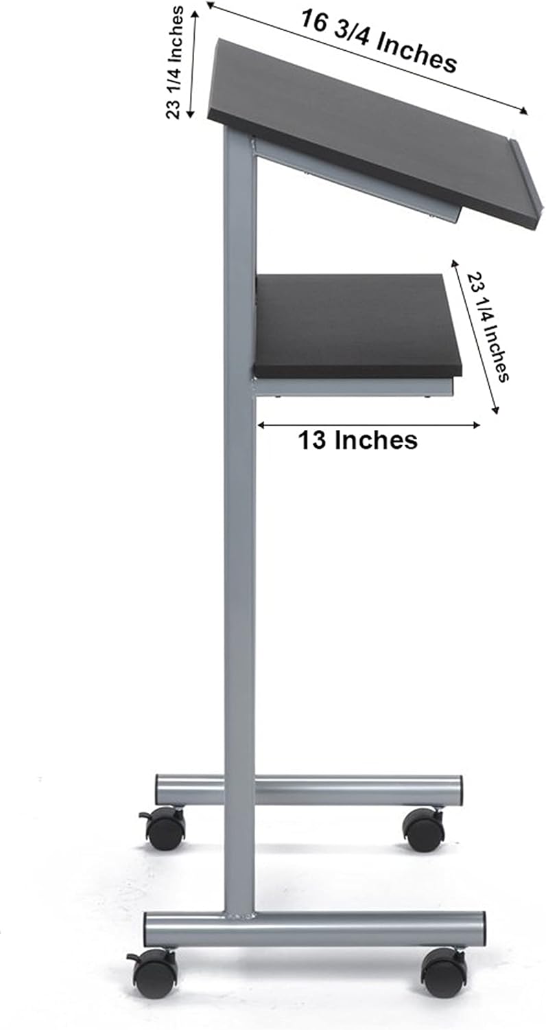 Audio-Visual Direct Wheeled Lectern Podium - Standing Desk with Storage Shelf - Silver/Black - Ideal for Presentations and Laptop Use