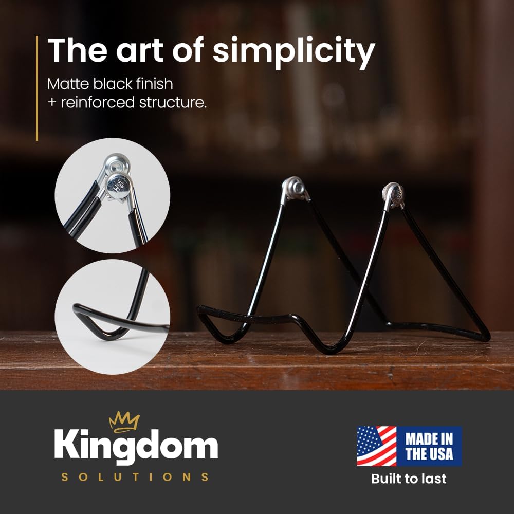 KINGDOM SOLUTIONS MADE IN USA 12-Pack Sturdy & Durable Adjustable Black Metal Easels to Display Books, Frames, Comics, Plates & More - Unique on the Market
