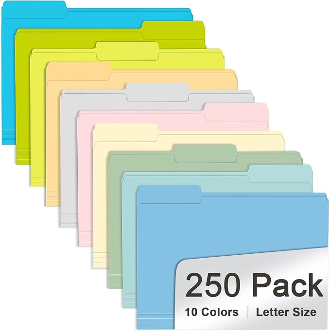 File Folder, RAZCC 250 Pack Colored File Folders, 1/3 Cut Tab File Folder by RAZCC