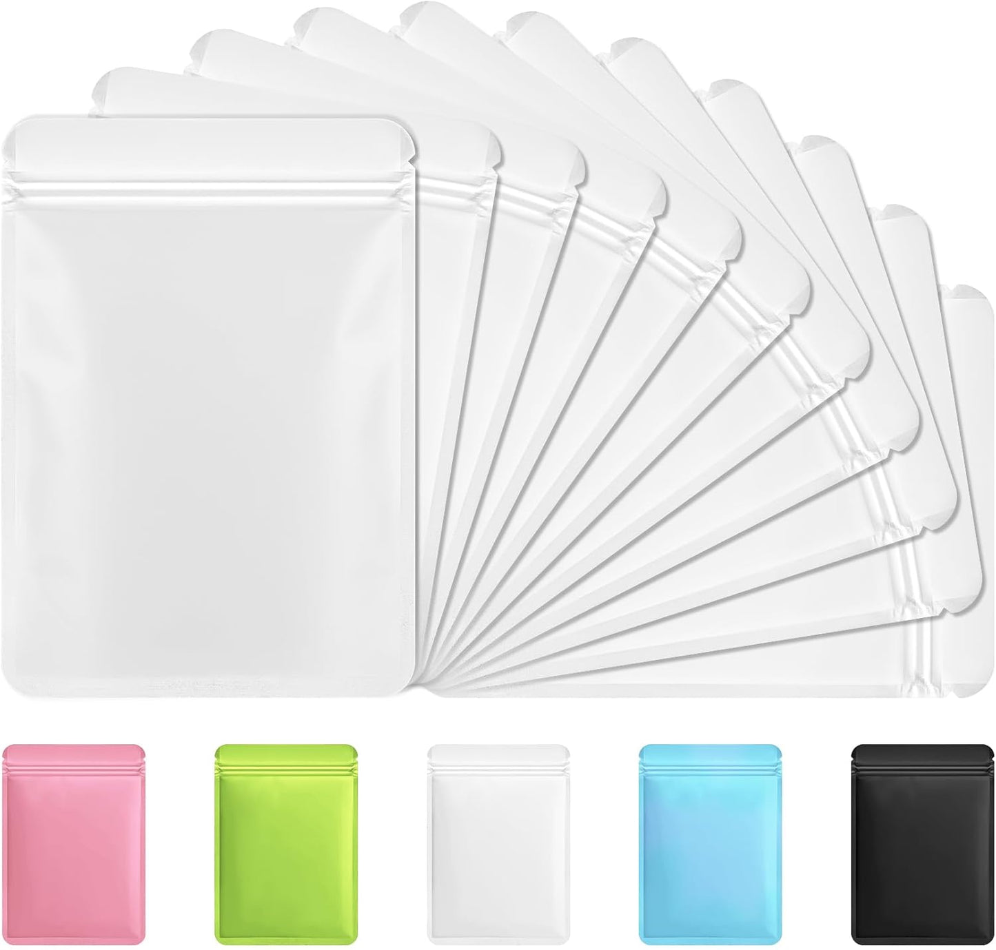 Funfery 100 Pack White Mylar Packaging Bags Resealable Bags Double Sided Color Odor Proof Pouch Baggies Smell Proof Foil Bag for Food Storage,Small Business(White,3.5x6.3inch)