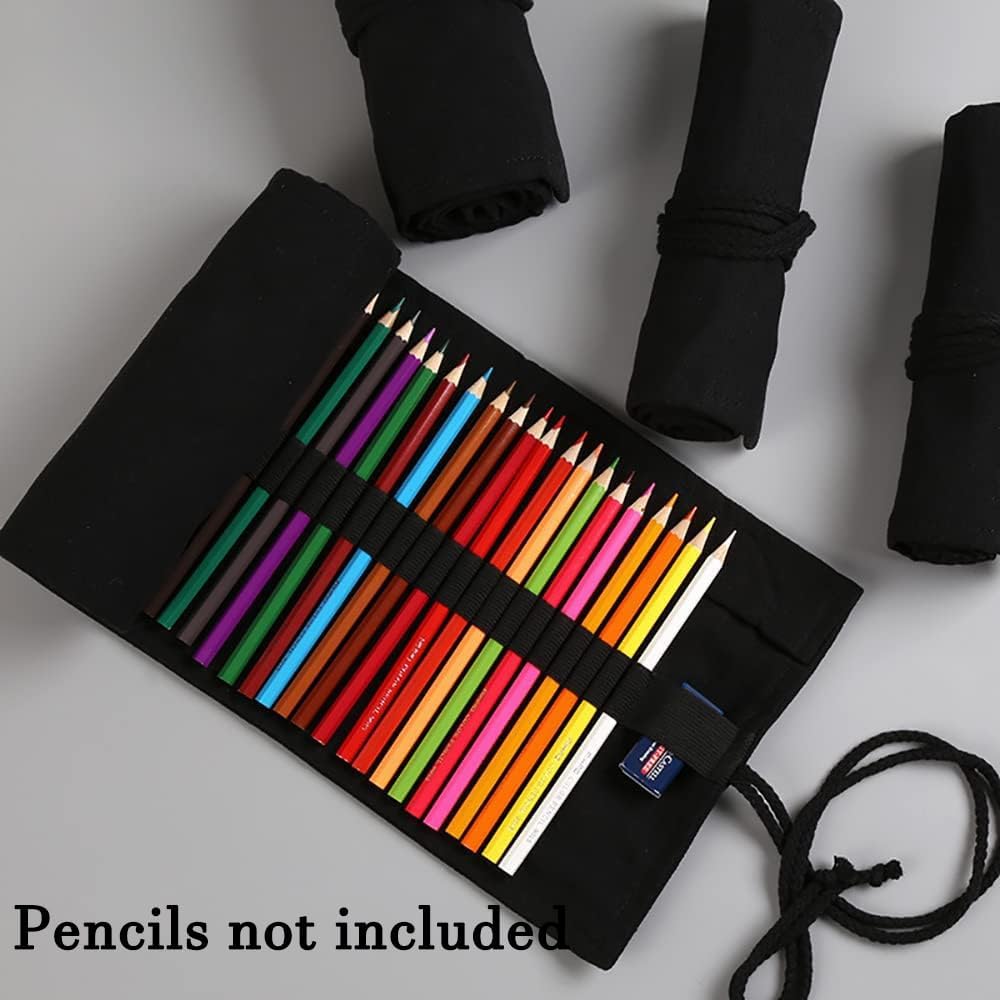 DIYOMR 24/36/72 Slots Pencil Wrap Pencil Rolls, Artist Colored Pencils Roll Up Bag Short Brushes Pouch Case Pencils Organizer for Drawing Coloring and Sketching (Black, 72slots)