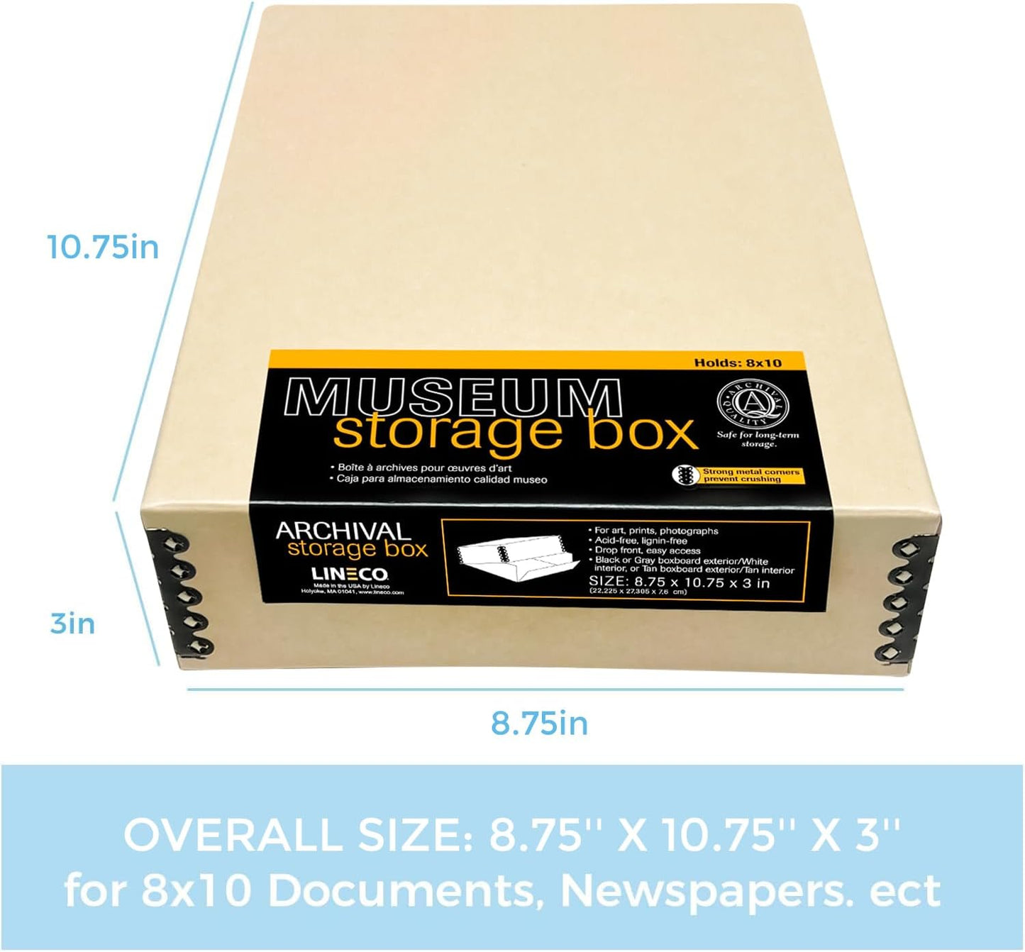 Lineco Museum Archival Storage Box, 8.75x10.75x3 in. Drop Front Design. Acid-Free with Metal Edge. Organize Photos, Pictures, Prints, Documents, Crafts, DIY. Tan, 2 Pack