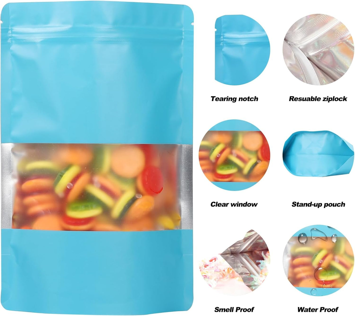 100 Pack Smell Proof Bags, Resealable Mylar Bags with Matte Window, Foil Pouch Stand-up Bags for Food Self Sealing Storage, Scratch Resistant Hand Storage Bags. (Blue, 5.5×7.9 Inch)