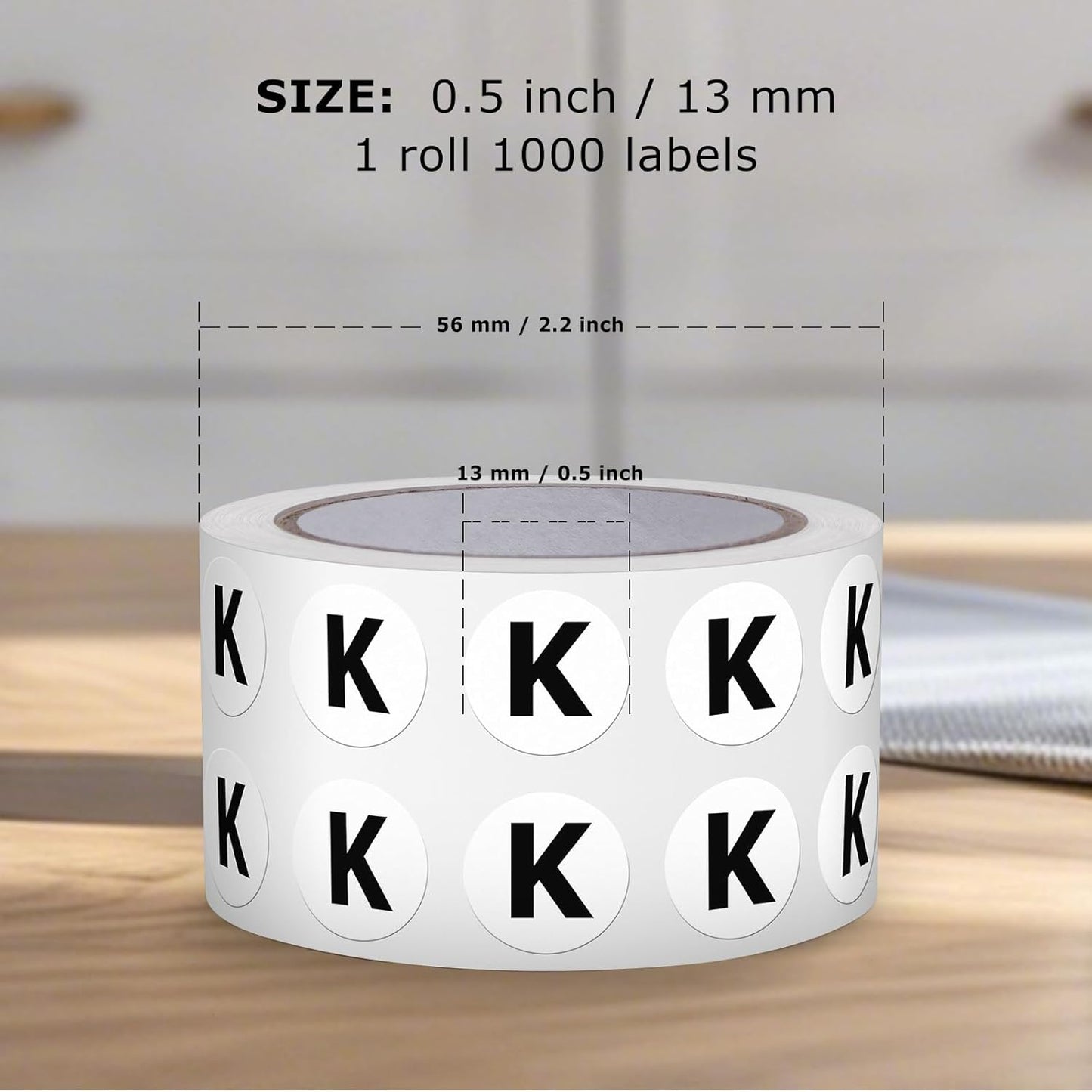 Letter K Round Labels 0.5 Inch Vinyl Circle Capital Alphabet Stickers Self-Adhesive Removable Waterproof Dots Tags for Home Office Inventory 1000 PCS
