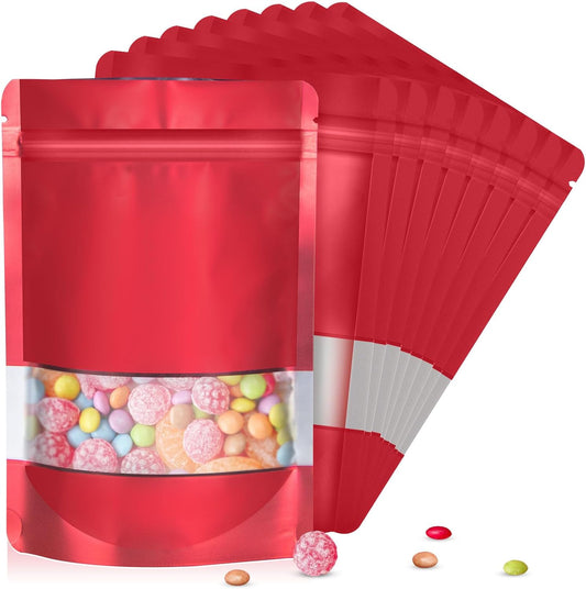 7.1"x10.2" 1 Quart 120pcs Mylar Bags for Food Storage,Smell Proof Bag with Matte Window Resealable Food Storage Bags for Small Business, Stand-up Foil Pouch Packaging Freeze Dried Candy Bag（Red）