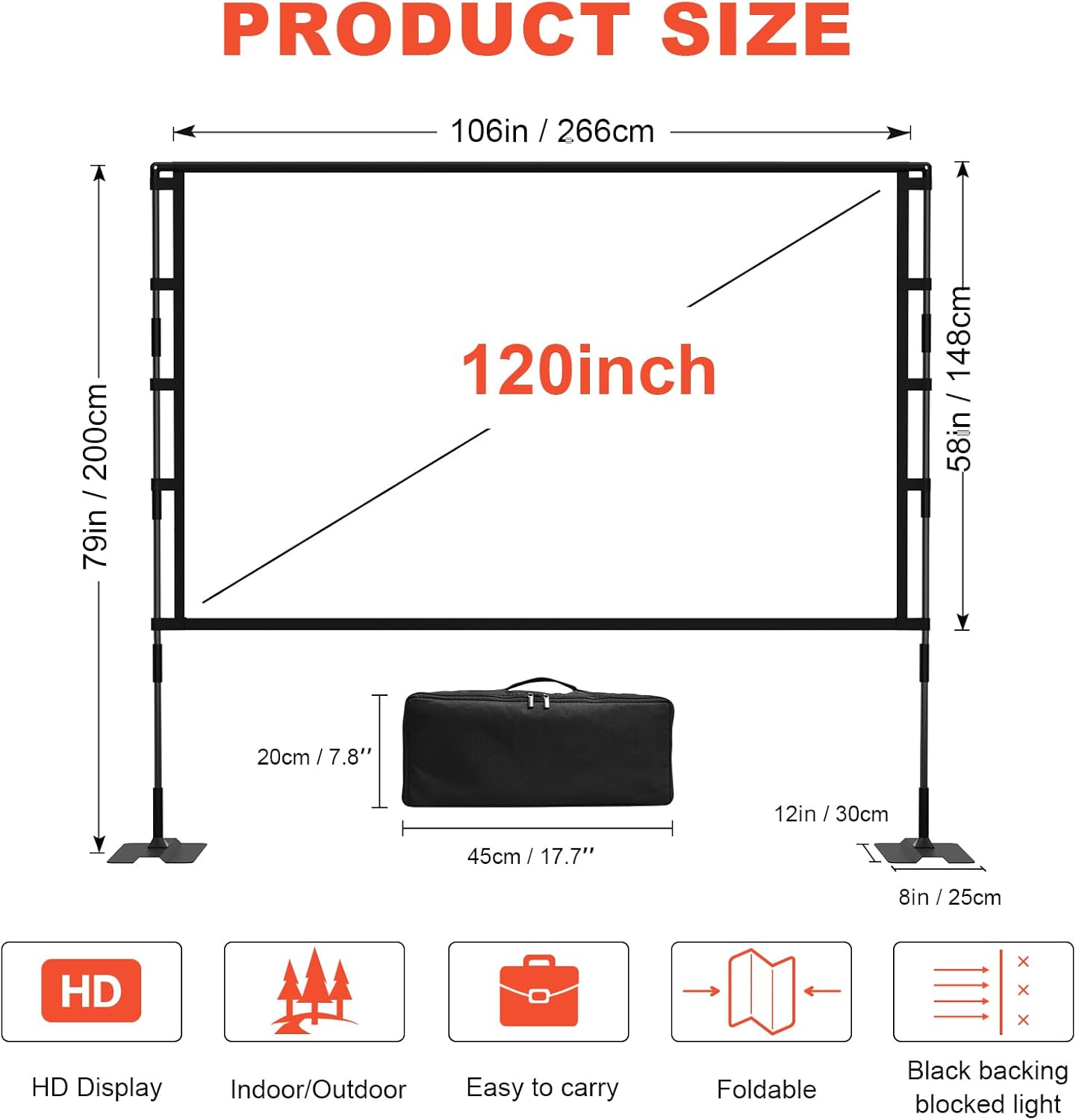 Upgrade Projector Screen Heavy-Duty Stand 120 inch Portable Projection Screen 16:9 4K HD Front Projections Movies Screen with Carry Bag for Indoor Outdoor Home Theater Backyard Cinema Travel