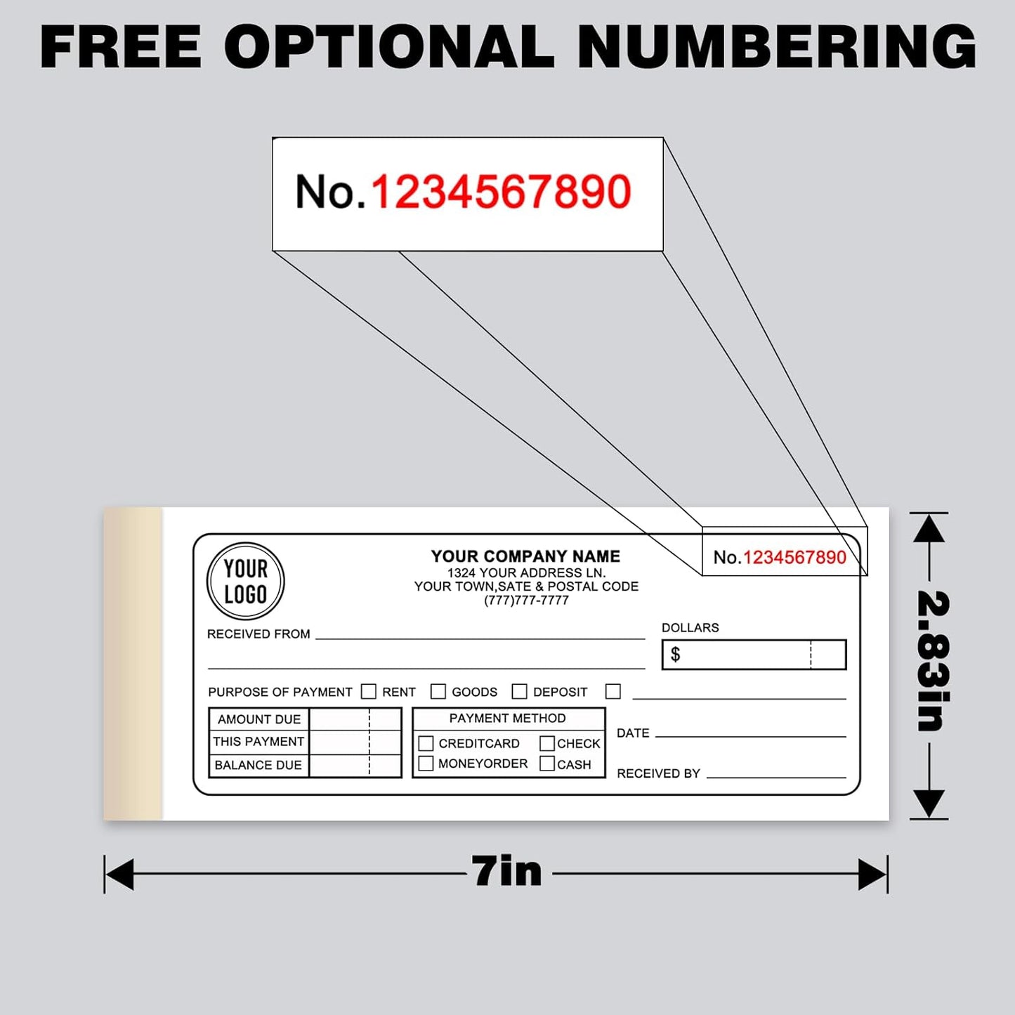 Custom Sales Invoice Personalized Carbonless NCR Forms with Company Name/Logo Personalized Invoice, Receipt Book, Work Sales Purchase Orders, Estimates, Quote Forms 7" x 2.83" - 3 Part(150 Sets)