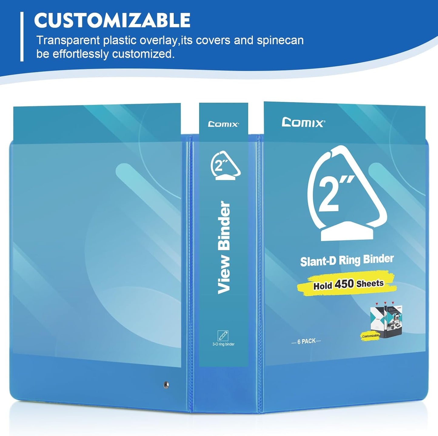 COMIX Sturdy 3 Ring Binder 2 inch with Clear View Cover, 2" Slant-D Ring View Binder Holds 500 Sheets of US Letter Size Paper, 6 Pack (Light Blue)