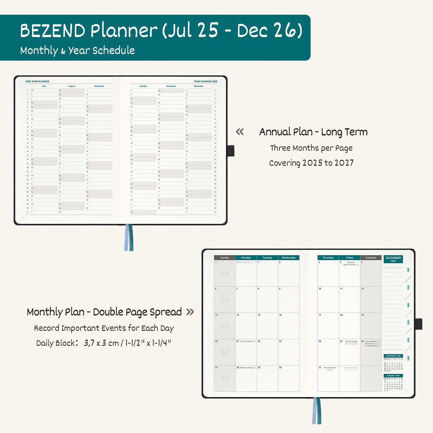 BEZEND Weekly Planner 2025-2026 with 2 Columns, 5.8" x 8.5" Academic Calendar 18 Months (Jul 25-Dec 26) Life Work Appointment Book with Monthly Tab, PU Leather Hardcover - Evergreen